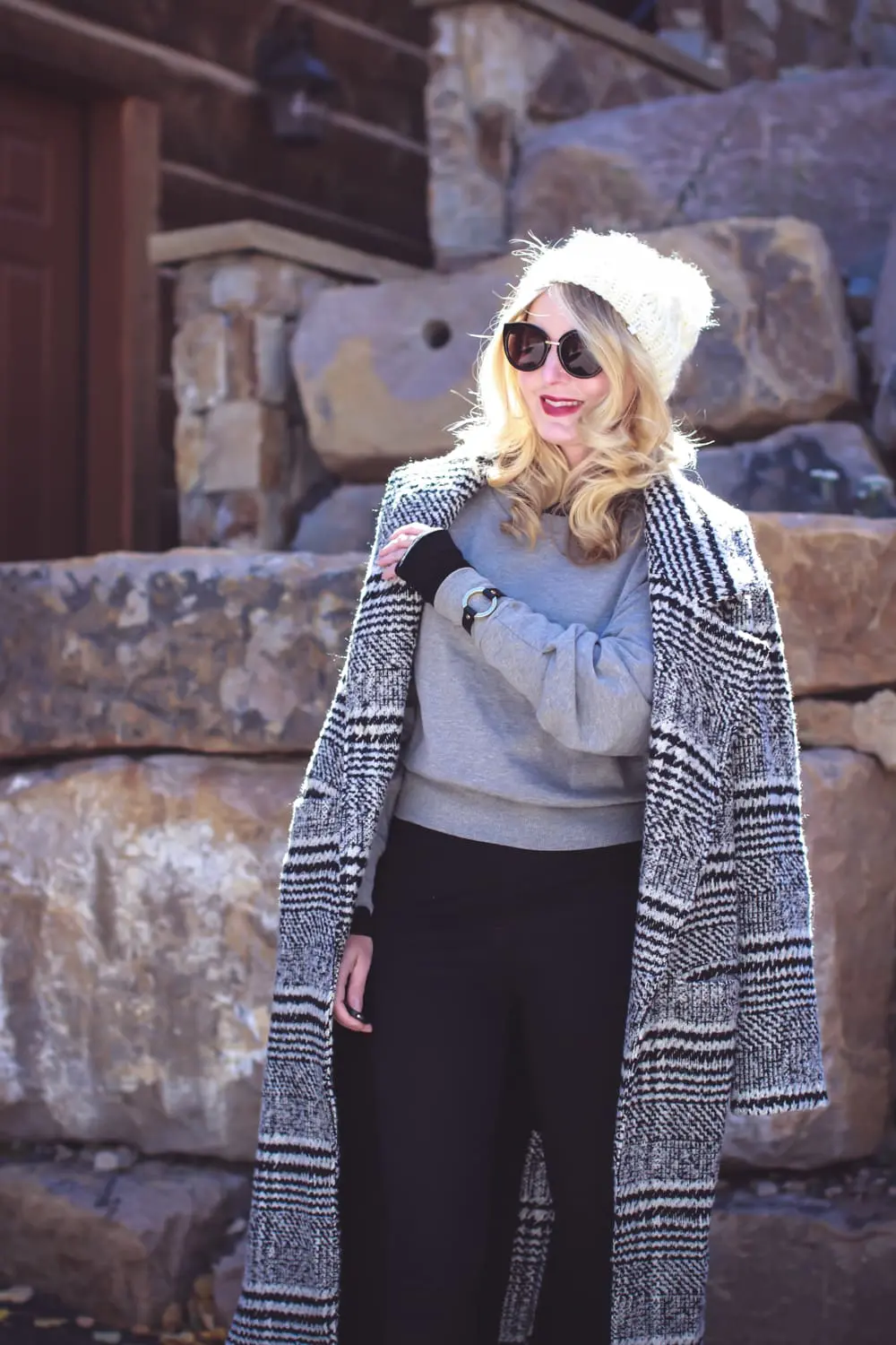 Casual outfit ideas, fall lookbook, with fashion blogger, Erin Busbee featuring lovers + friends plaid duster coat, socialite sweatshirt, black rag & bone justine jeans, and black ASH booties from Shopbop