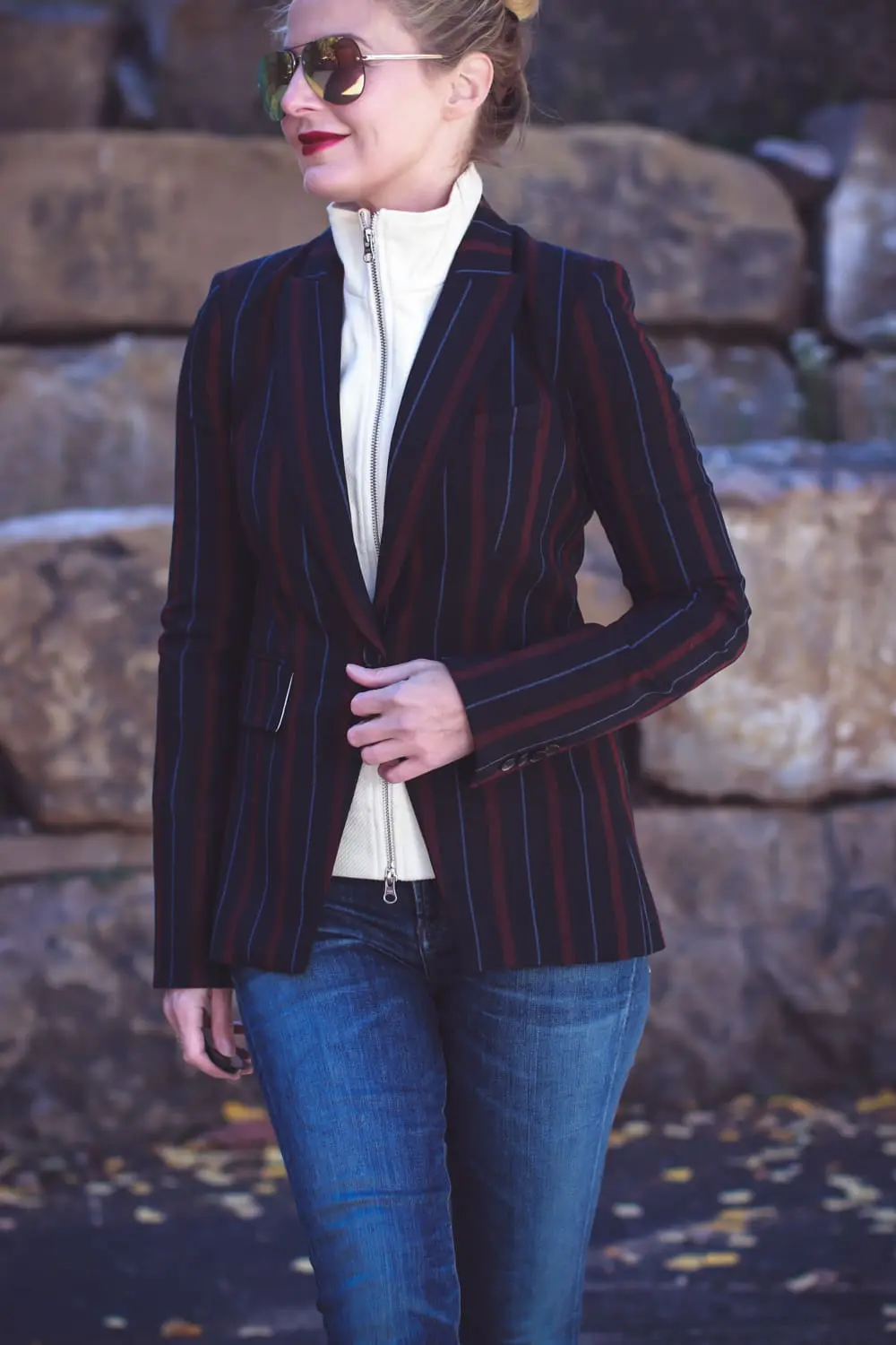 Casual outfit ideas, fall lookbook, with fashion blogger, Erin Busbee featuring veronica beard dickey blazer, citizens of humanity step hem jeans