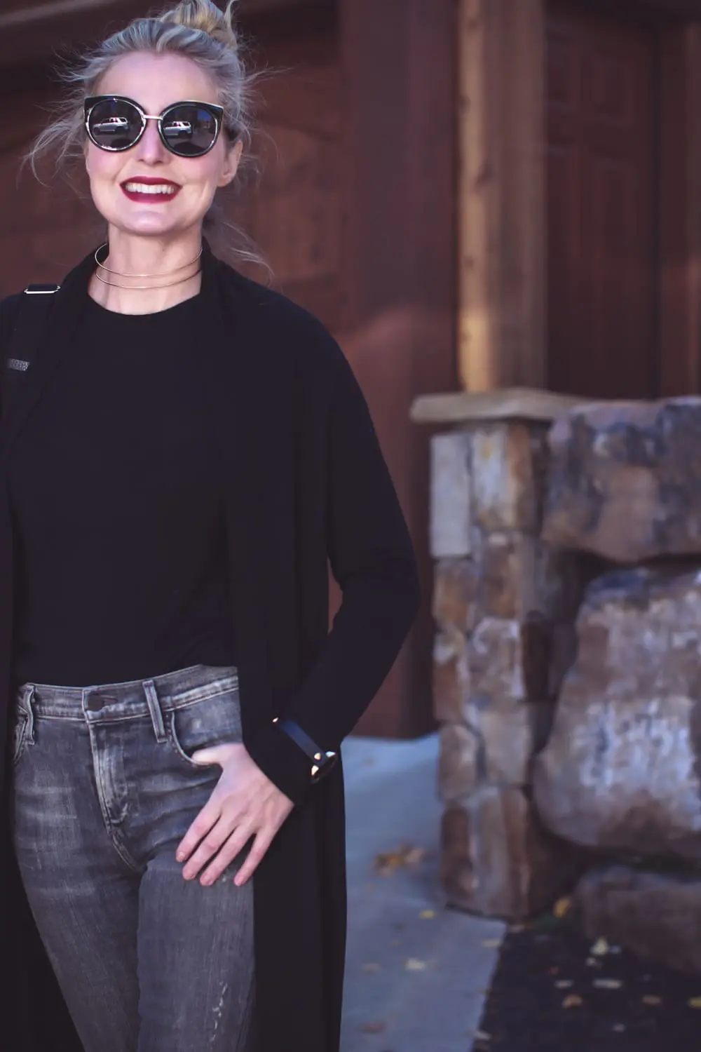 Casual outfit ideas, fall lookbook, with fashion blogger, Erin Busbee featuring black cardigan, black long sleeve tee, high rise rocket skinny jeans by Citizens of Humanity jeans and Henri Bendel Jetsetter backpack