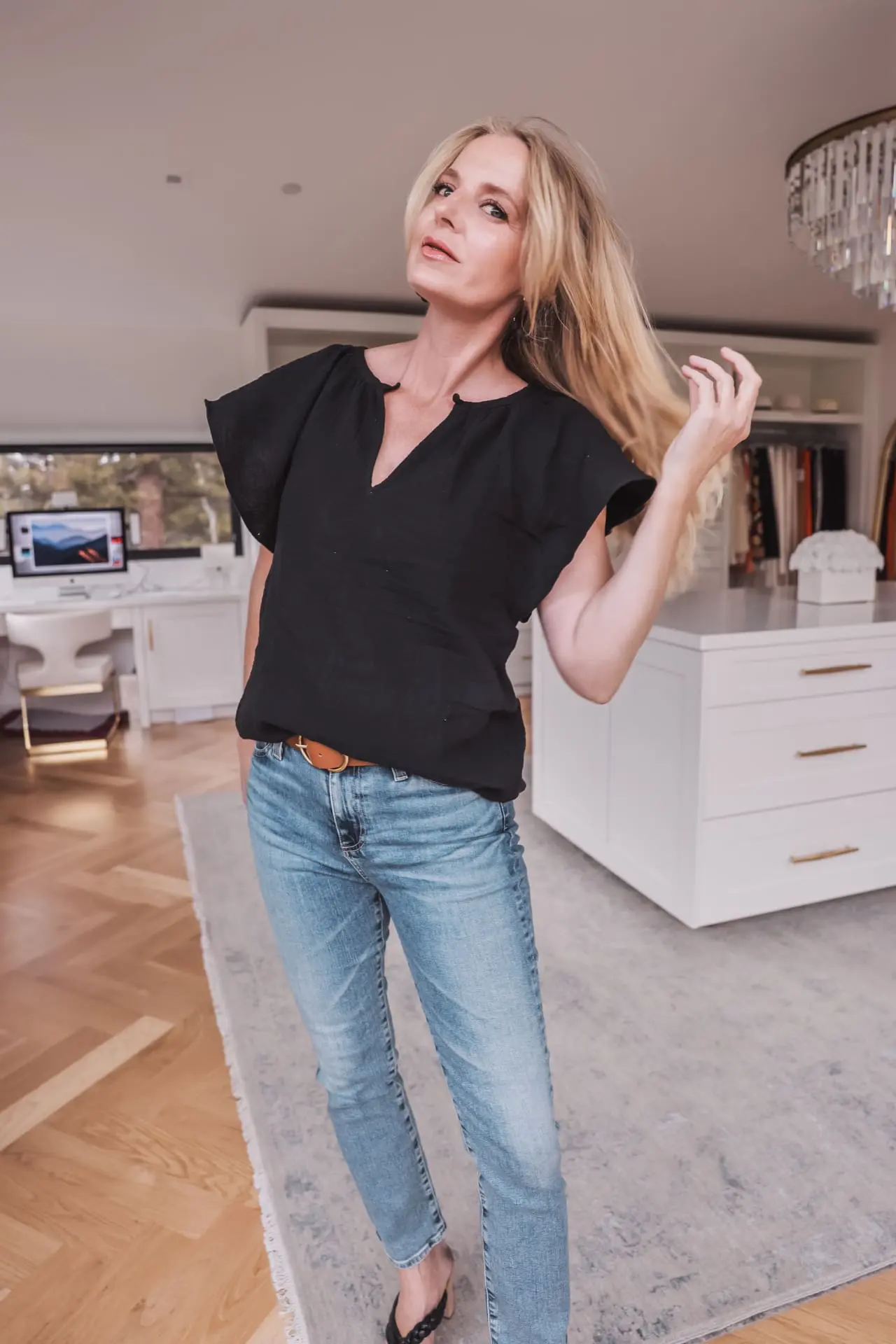 casual outfits ideas, classy casual outfit ideas, casual outfit ideas for busy moms, casual outfit ideas summer, casual outfit ideas fall, casual outfit ideas 2022, casual outfits with jeans, casual outfits with dresses, trendy casual outfit ideas, summer outfits for women over 40, summer outfits for women over 40, erin busbee, busbee style, fashion over 40, raon + ryan black flutter sleeve top, AG mari jeans, black dolce vita braided sandals