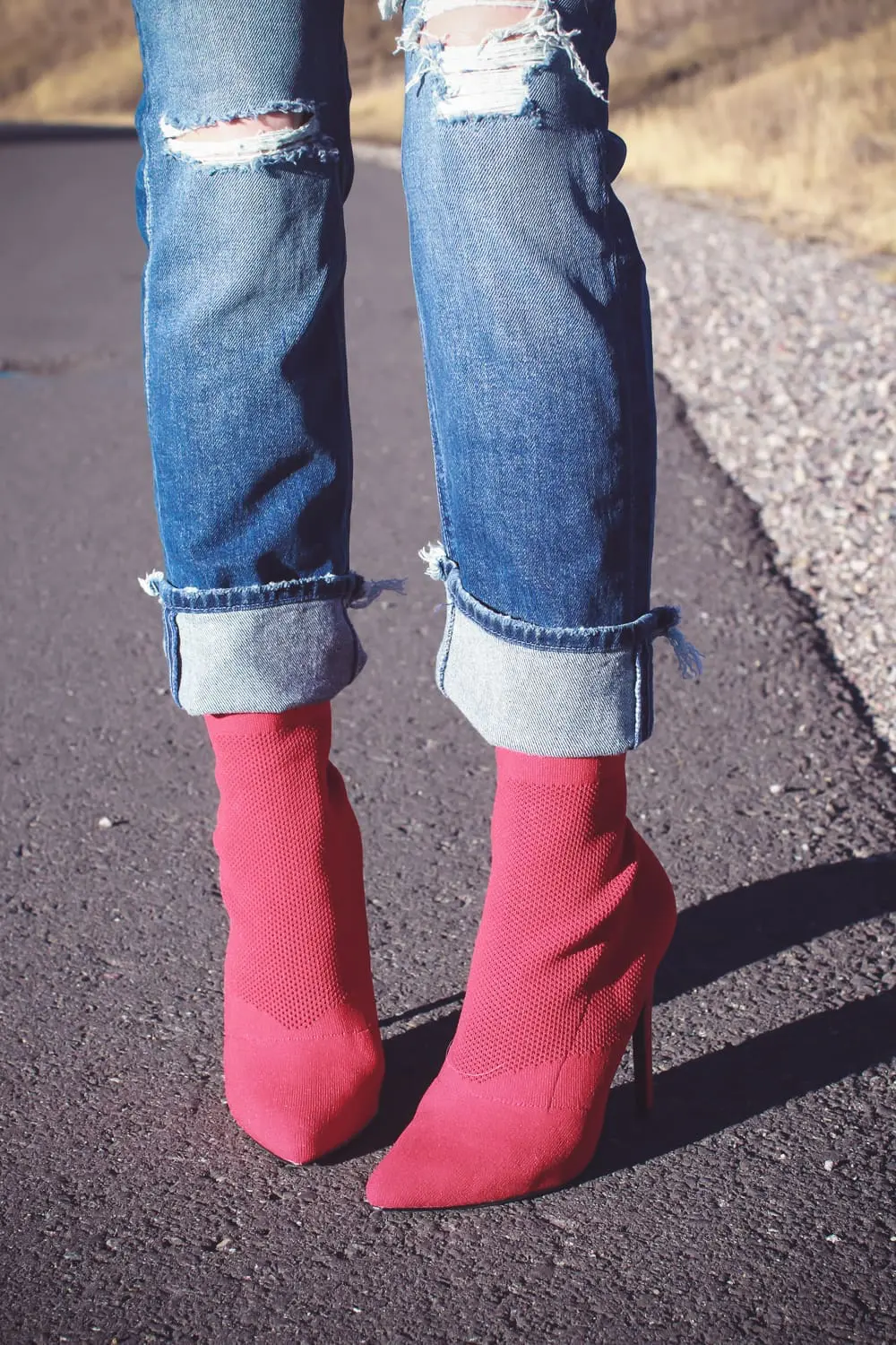 Sock Booties, what are they, how to style sock booties, featuring these red Steve Madden sock booties, Mother dazzler jeans, and a red oversized topshop turtleneck sweater