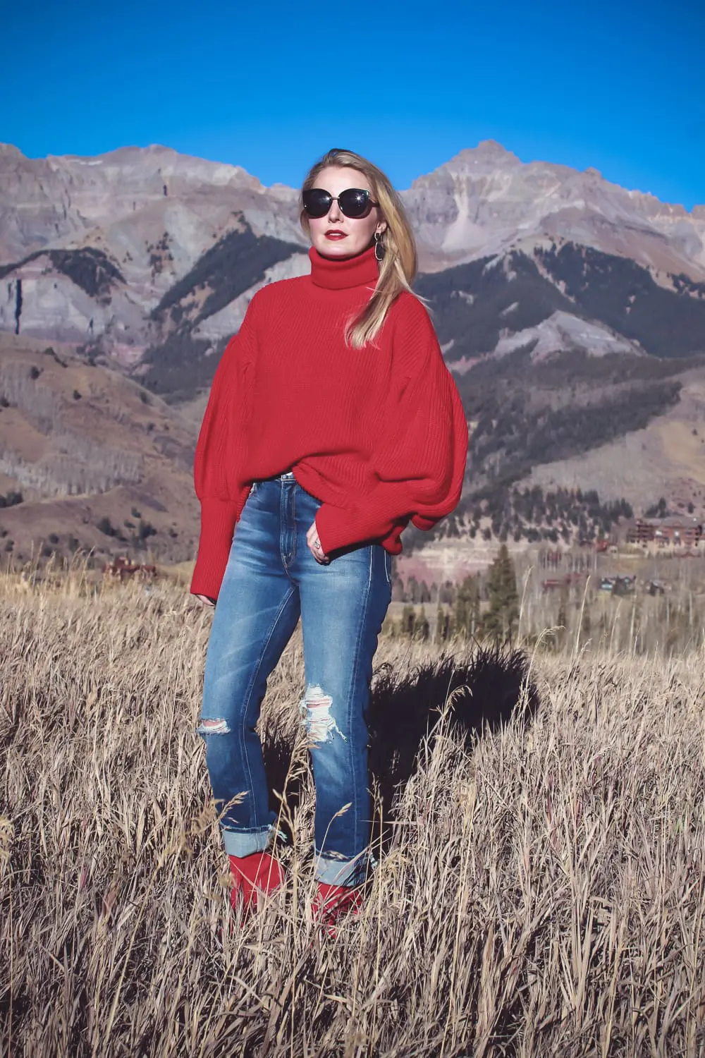 Sock Booties, what are they, how to style sock booties, featuring these red Steve Madden sock booties, Mother dazzler jeans, and a red oversized topshop turtleneck sweater