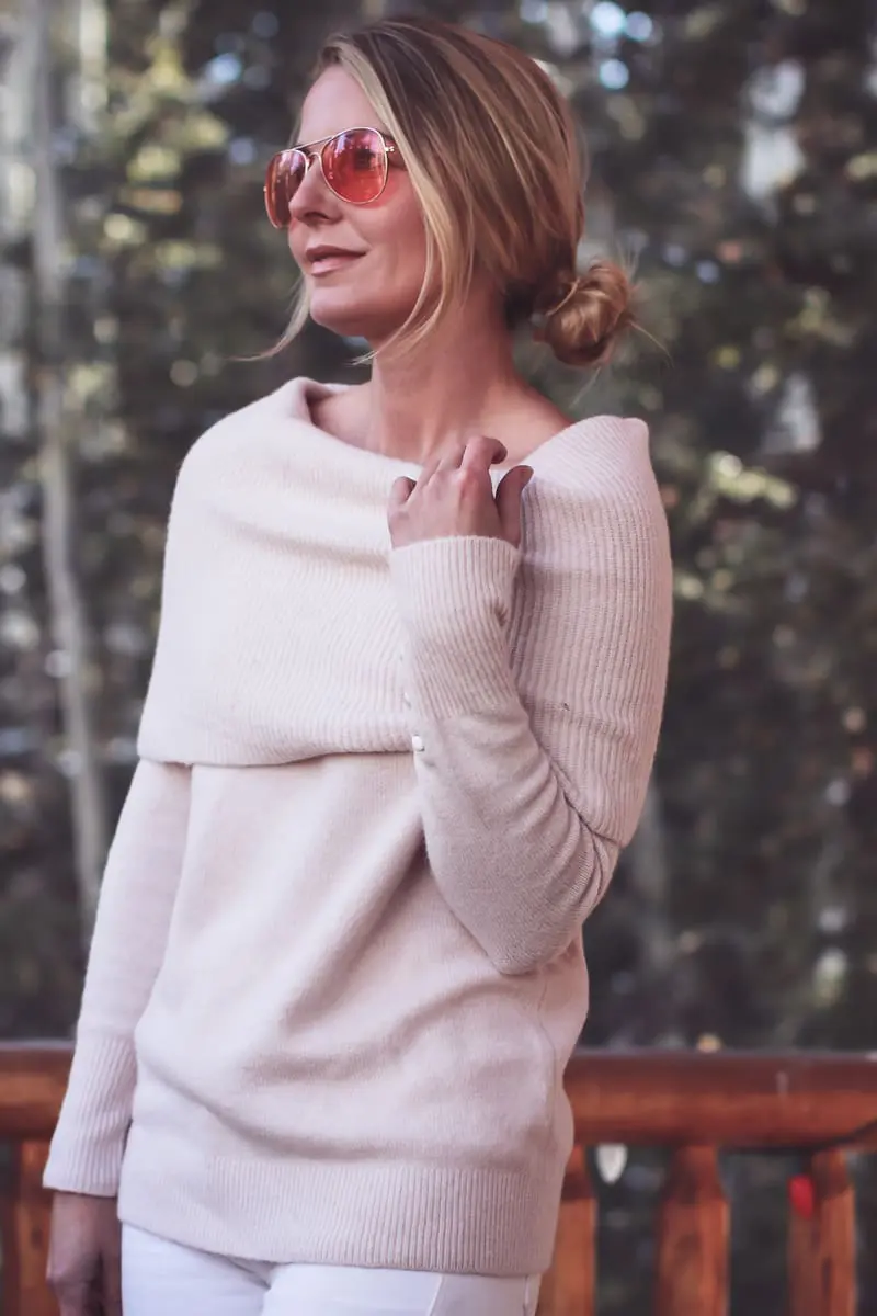 LOFT try on featuring an off-shoulder soft pink sweater