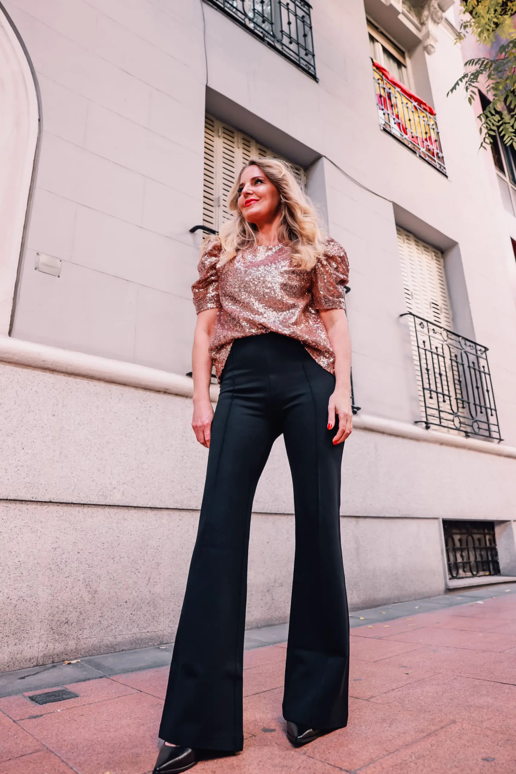 Sequin Top with Black Wide Leg Trousers