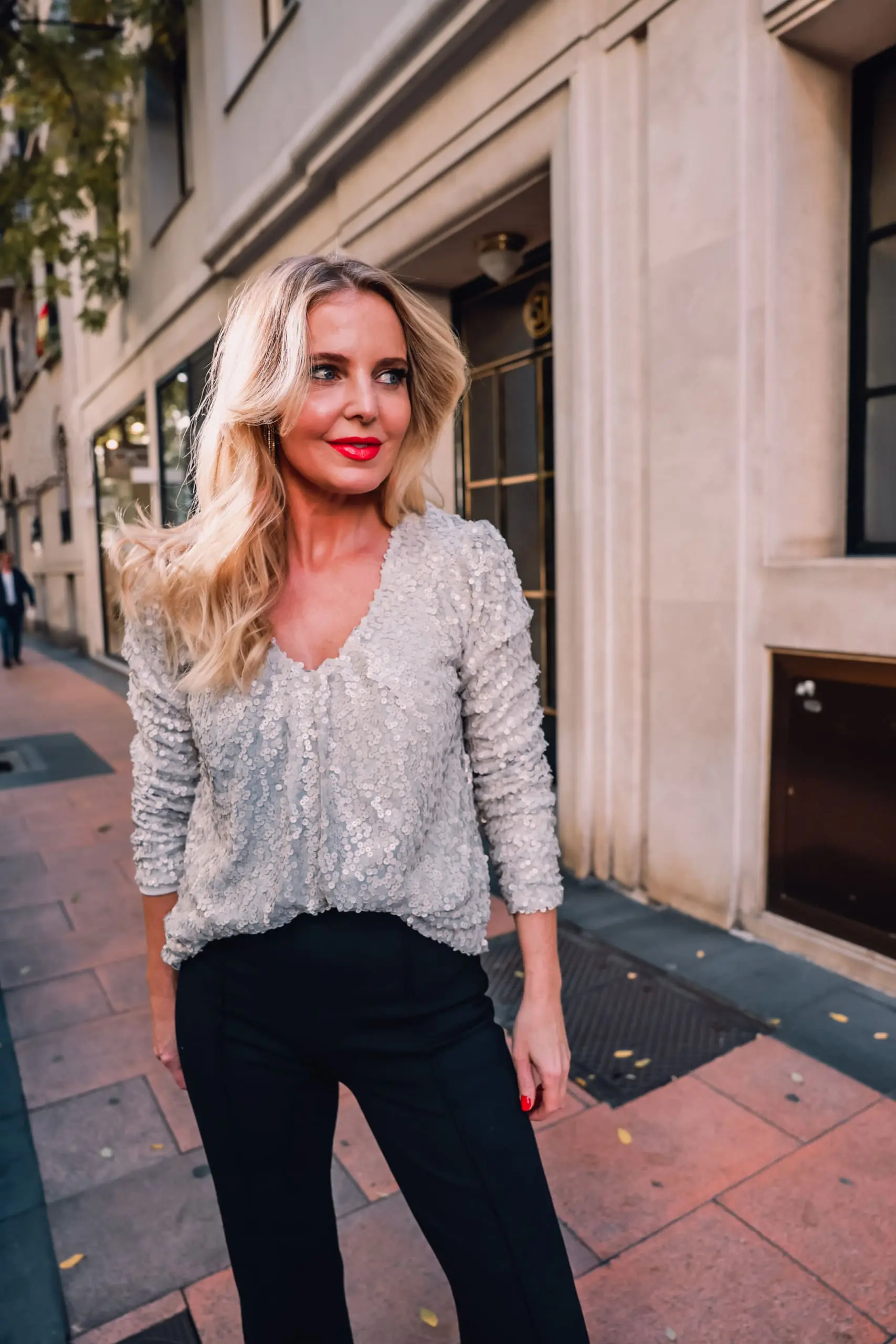 holiday party outfits, holiday party looks, casual holidays, what to wear during holidays, casual holiday outfits, casual holiday looks, what to wear on casual holiday, holidays at home, erin busbee, spanx wide leg pants, allison joy white puff sleeve sequin top, sam edelman pumps, evereve holiday outfits