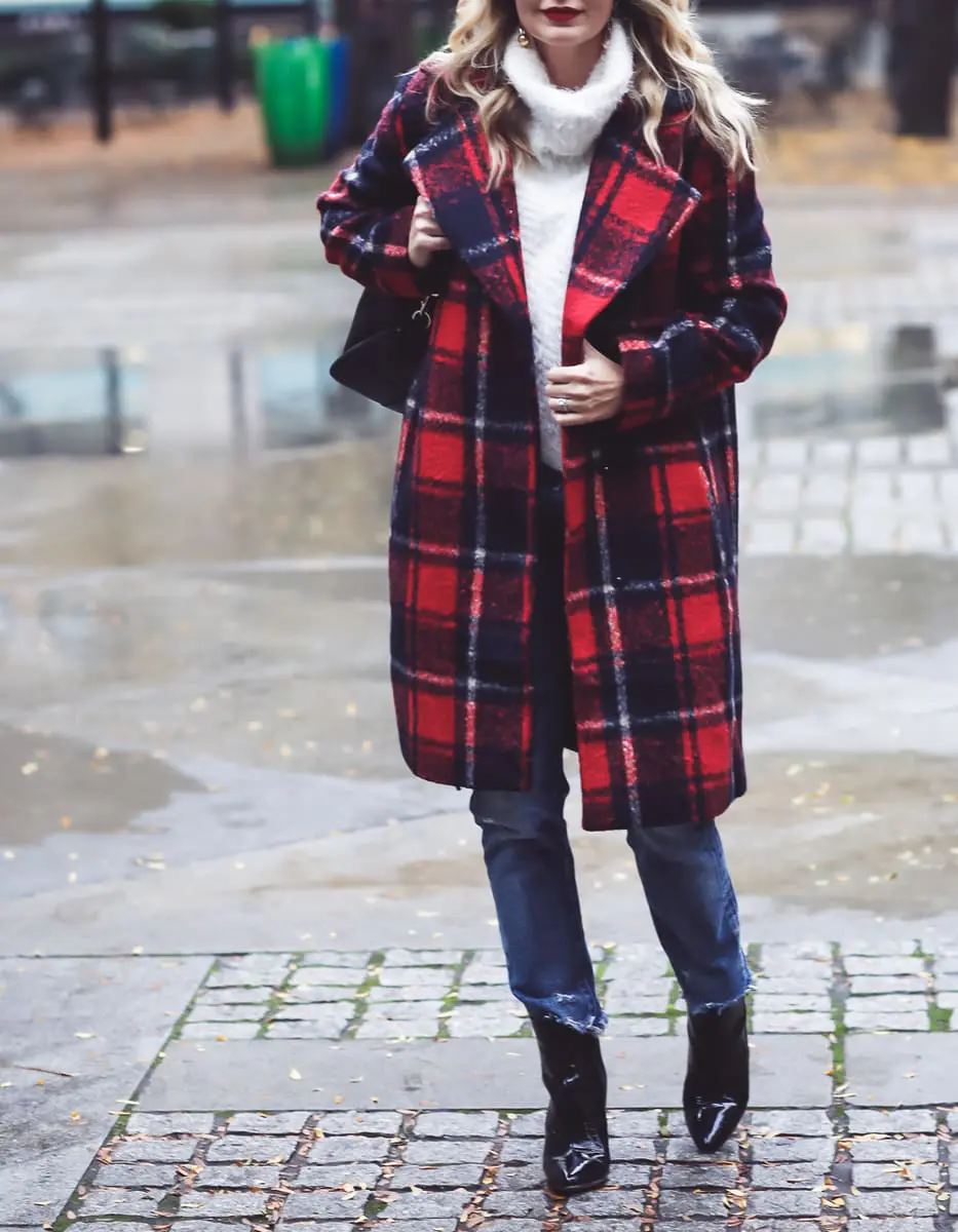 Plaid coat, this one is by cupcakes and cashmere in red and navy, with Moussy Jeans, fuzzy white sweater from Bloomingdales, and black patent britsy boots on fashion blogger, Erin Busbee from Busbee Style