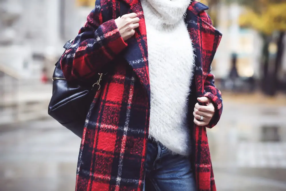 Plaid coat, this one is by cupcakes and cashmere in red and navy, with Moussy Jeans, fuzzy white sweater from Bloomingdales, and black patent britsy boots on fashion blogger, Erin Busbee from Busbee Style