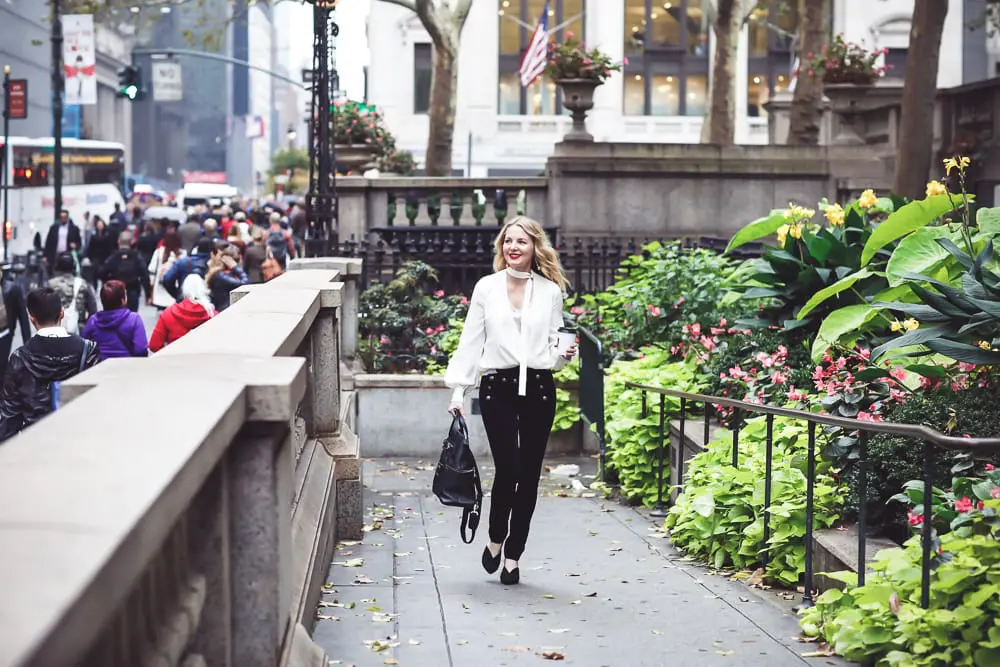 Slimming velvet pants by Veronica Beard with sailor buttons and an Alexis choker blouse in ivory with lace cami and Who What Wear mules on fashion blogger over 40 from Busbee Style, Erin Busbee in New York City