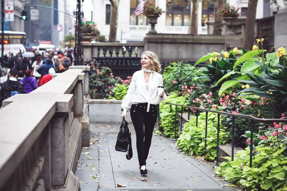 Slimming velvet pants by Veronica Beard with sailor buttons and an Alexis choker blouse in ivory with lace cami and Who What Wear mules on fashion blogger over 40 from Busbee Style, Erin Busbee in New York City