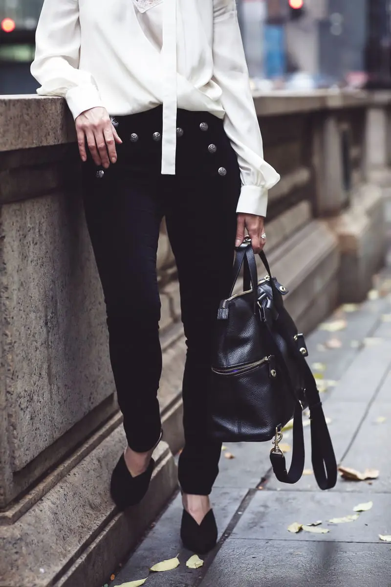 Slimming velvet pants by Veronica Beard with sailor buttons and an Alexis choker blouse in ivory with lace cami and Who What Wear mules on fashion blogger over 40 from Busbee Style, Erin Busbee in New York City