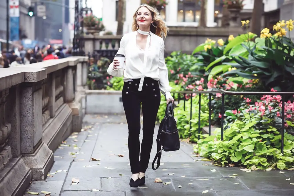 Slimming velvet pants by Veronica Beard with sailor buttons and an Alexis choker blouse in ivory with lace cami and Who What Wear mules on fashion blogger over 40 from Busbee Style, Erin Busbee in New York City