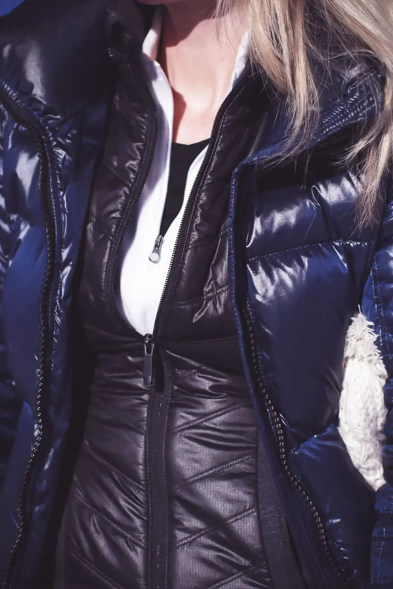 Fitness routine update, featuring activewear from eBay, SAM. New York puffer in midnight blue, black workout vest, white fleece pullover by Northface, and Zella tank on fashion blogger over 40, Erin Busbee