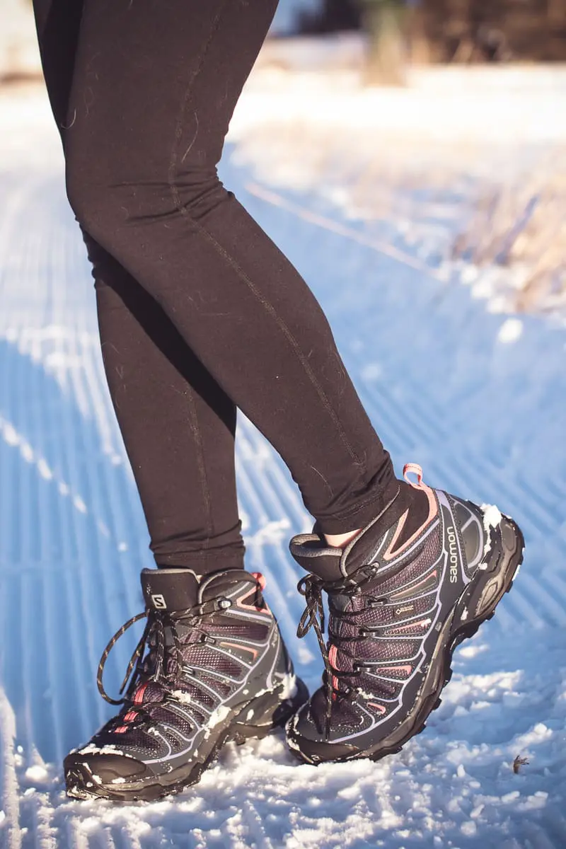 Fitness routine update, featuring activewear from eBay, featuring Salomon snow hiking boots that are waterproof, on fashion blogger over 40, Erin Busbee