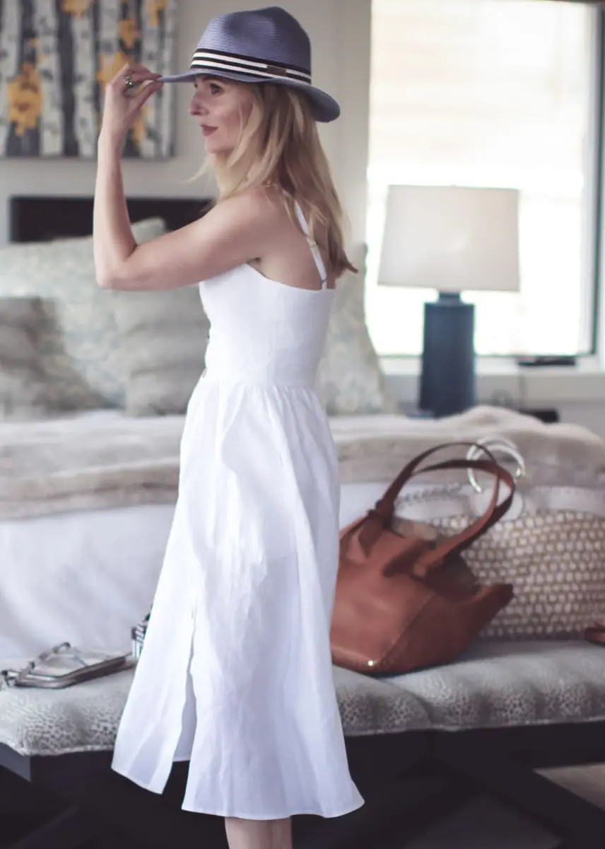 Best accessories featuring a packable panama hat in blue and brown stripes from Henri Bendel on fashion blogger over 40 Erin Busbee of BusbeeStyle.com 
