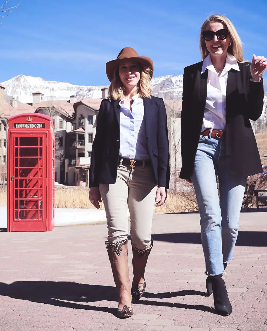 Styling 2 Ways on lifestyle blogger Marla Meredith and fashion blogger over 40, Erin Busbee of Busbee Style wearing Madewell black blazer, Moussy tapered jeans, white button down and Henri bendel color block tote with Hifi Stuart Weitzman black sock booties