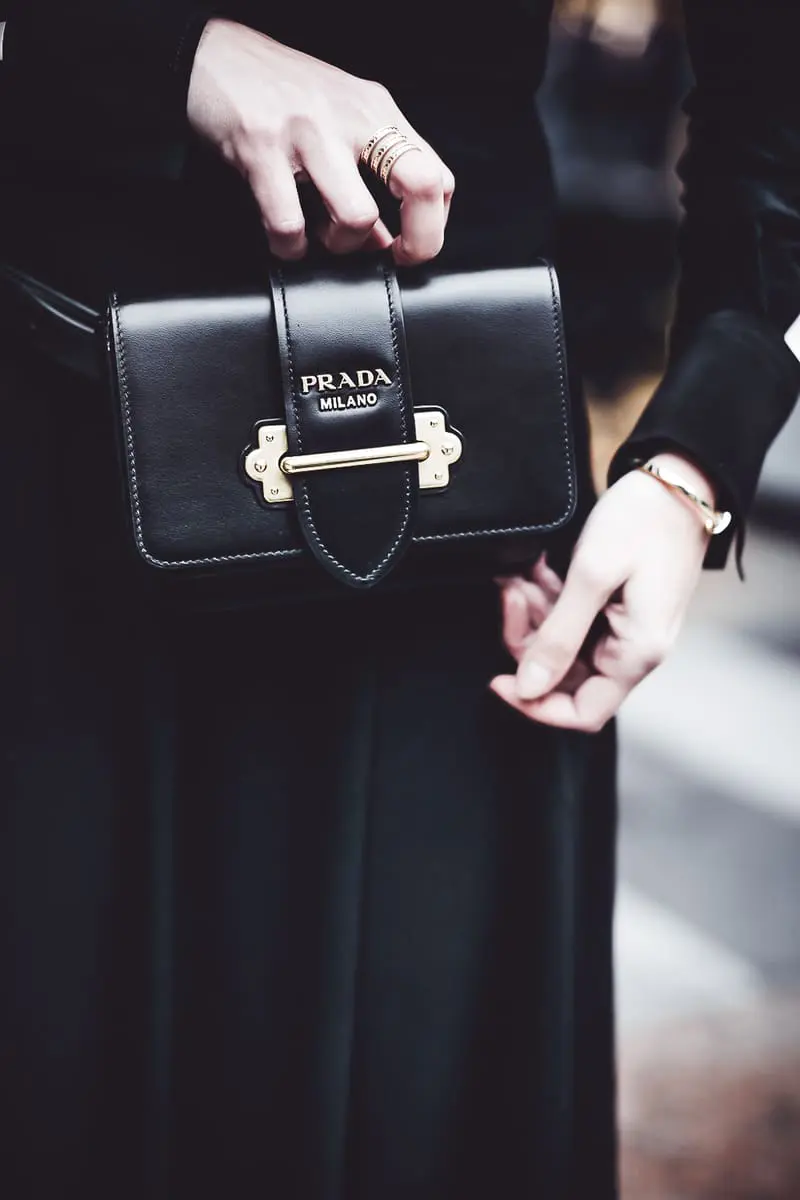 reward style conference 2018 featuring blond fashion blogger in black fit and flare dress with racing stripes by Norma Kamali, Stuart Weitzman hifi sock booties in black, prada belt bag