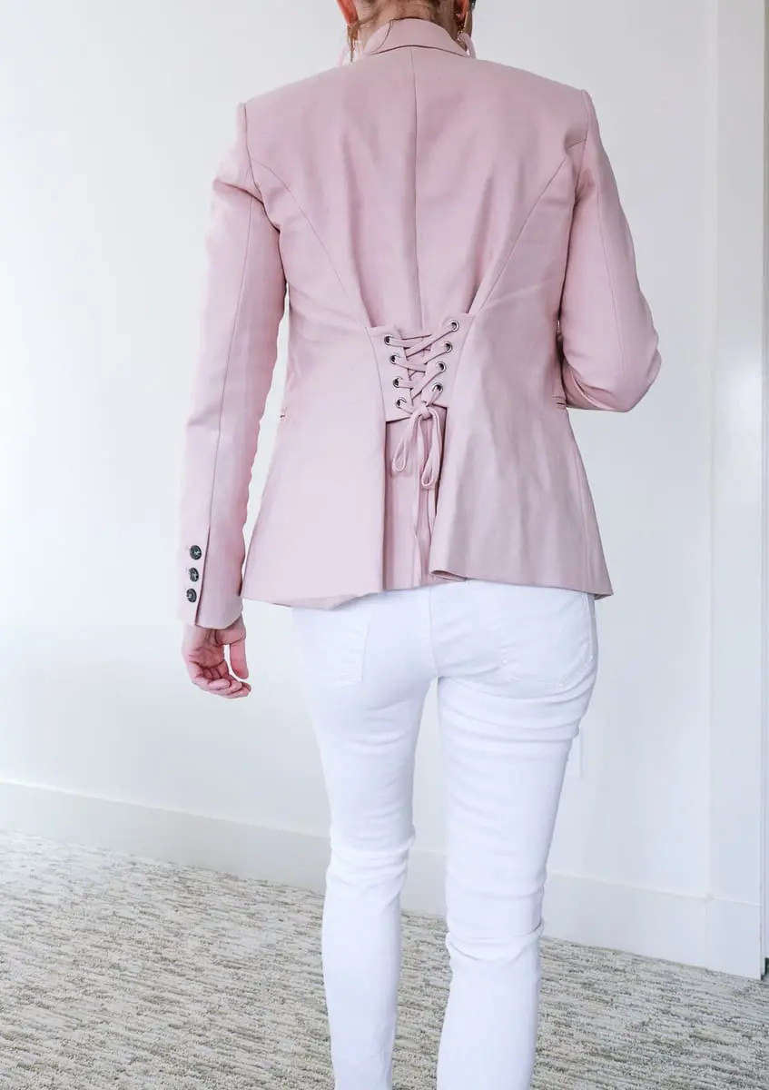 how to style your blazer, outfit ideas with your blazer, featuring a Vince Camuto pink blazer with corset detail on fashion blogger over 40, Erin Busbee of BusbeeStyle.com