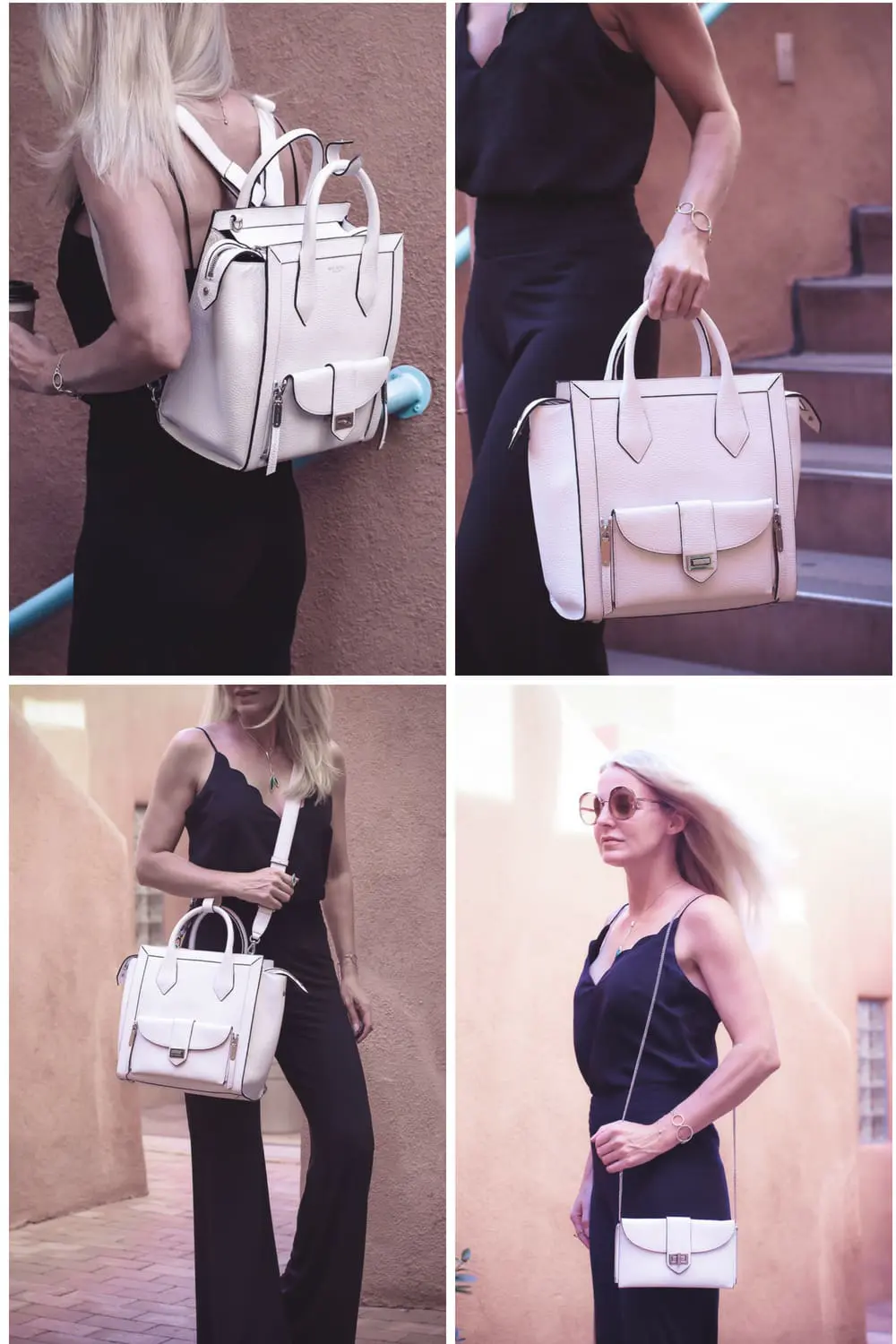 chic and sophisticated backpacks for grown ups by Henri Bendel, featuring blonde woman carrying a white Rivington convertible tote and backpack wearing all black