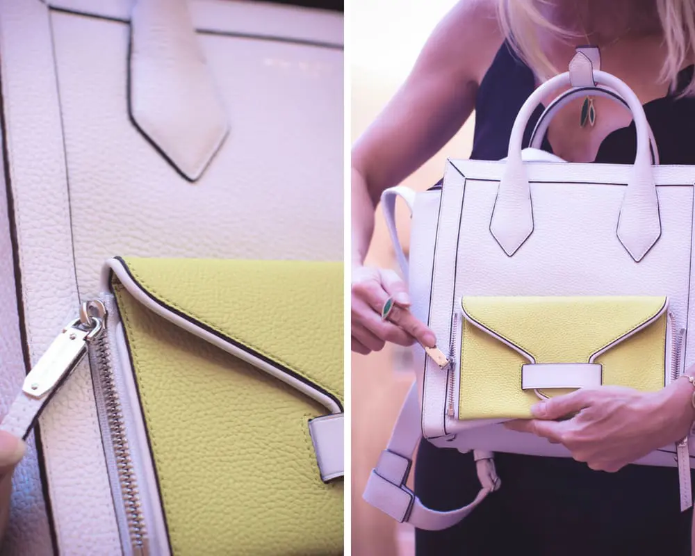 chic and sophisticated backpacks for grown ups by Henri Bendel, featuring blonde woman carrying a white Rivington convertible tote and backpack wearing all black with dainty gold and green jewelry