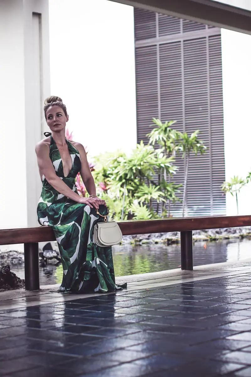 Palm print maxi dress by Milly on blond woman with hair up