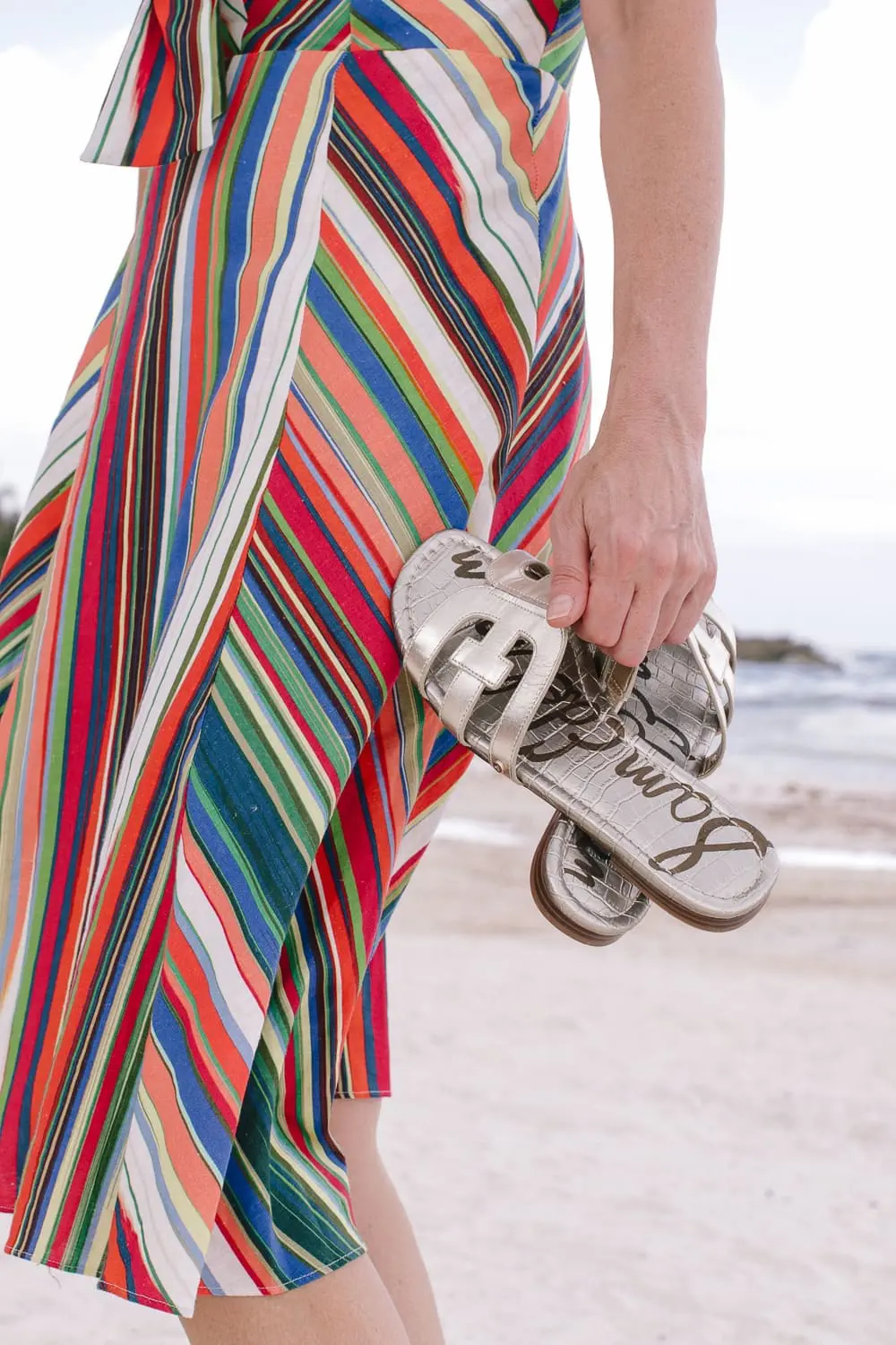 Best Summer Dresses, parker striped rainbow dress on blonde woman with gold sam edelman affordable sandals