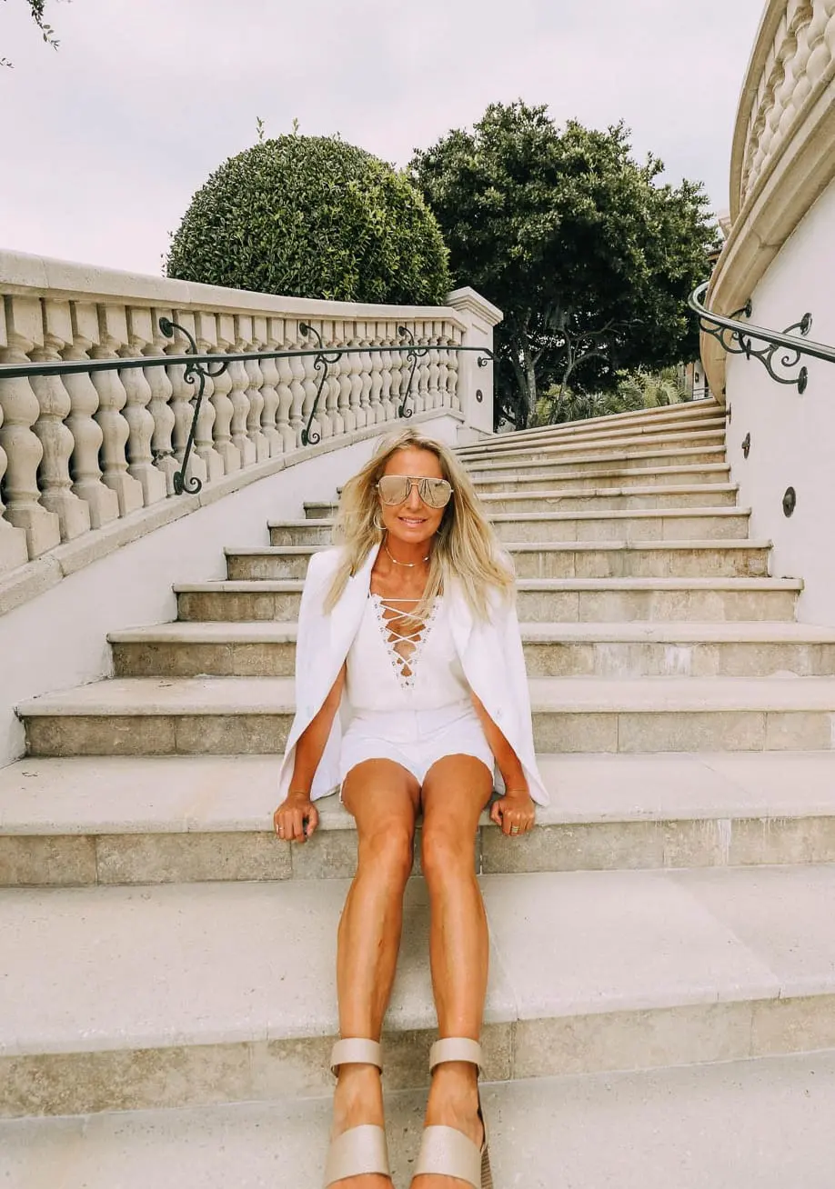 All White look, summer outfit ideas featuring white J.Crew scallop shorts, Amber sequin blazer by Rachel Zoe, and WAYF lace-up camisole