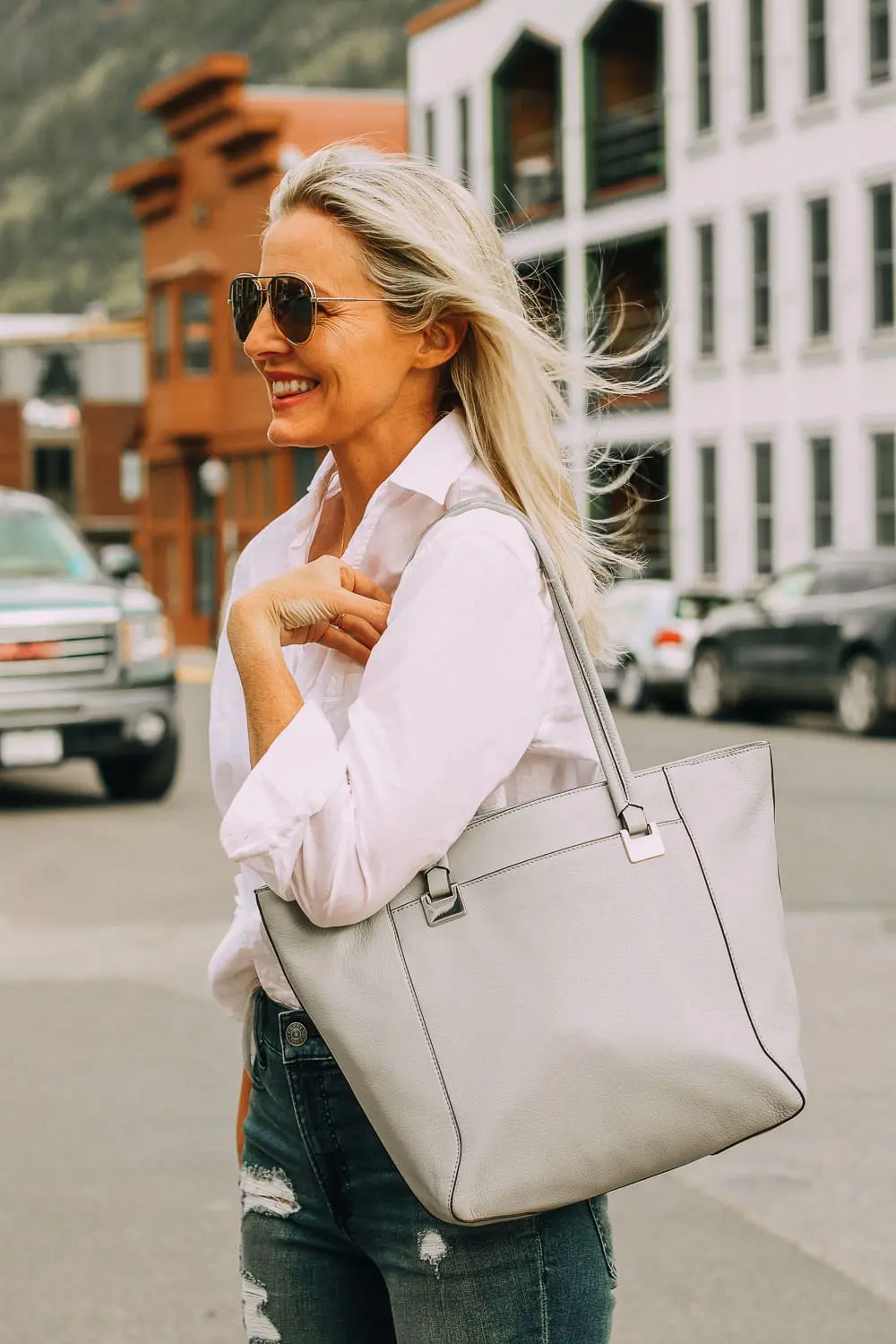 Vince Camuto gray tote bag paired with white button down frank and eileen shirt