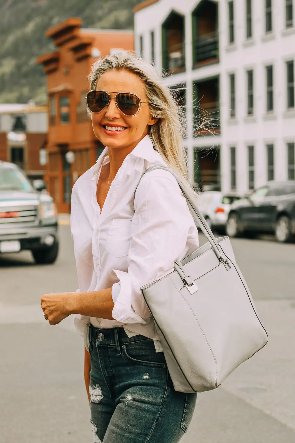 Vince Camuto gray tote bag paired with white button down frank and eileen shirt