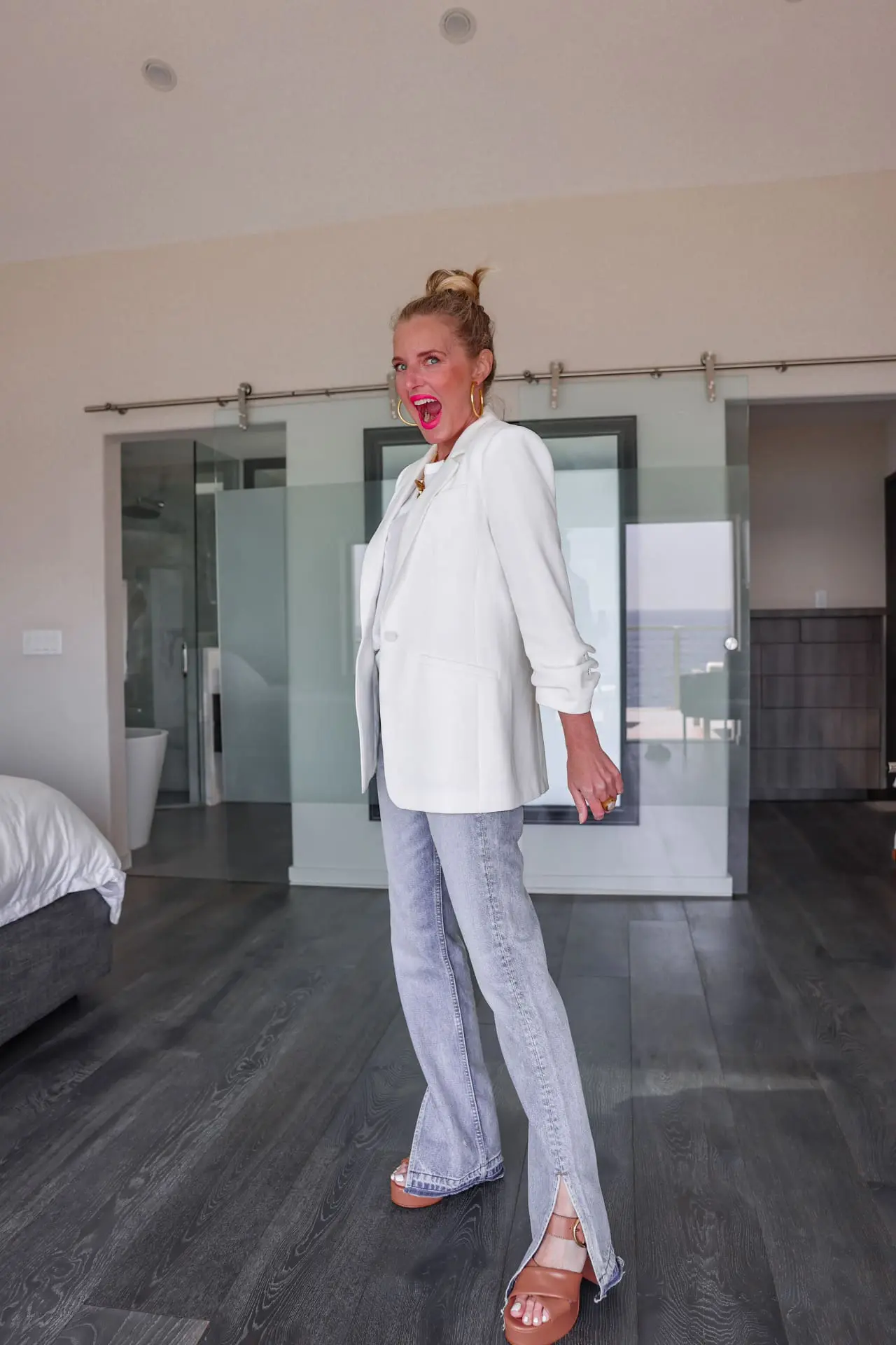 white blazer outfits, How to wear a white blazer in summer, White blazer outfit summer, casual white blazer outfit, white blazer with jeans, how to wear a white blazer, ways to wear a white blazer, cinq a sept white khloe blazer, eb denim split hem jeans, see by chloe white t-shirt, see by chloe leather platform sandals, erin busbee fashion blogger over 40, malibu, ca