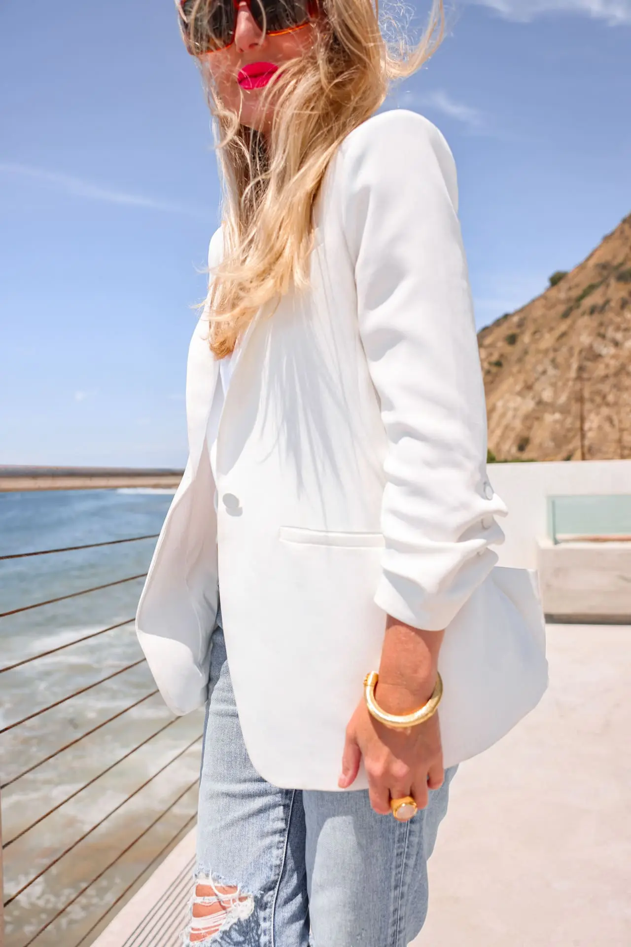white blazer outfits, How to wear a white blazer in summer, White blazer outfit summer, casual white blazer outfit, white blazer with jeans, how to wear a white blazer, ways to wear a white blazer, cinq a sept white khloe blazer, moussy vintage ithan jeans, see by choloe leather platform sandals, see by chloe white t-shirt. valentino reversible belt, erin busbee fashion blogger over 40, malibu ca