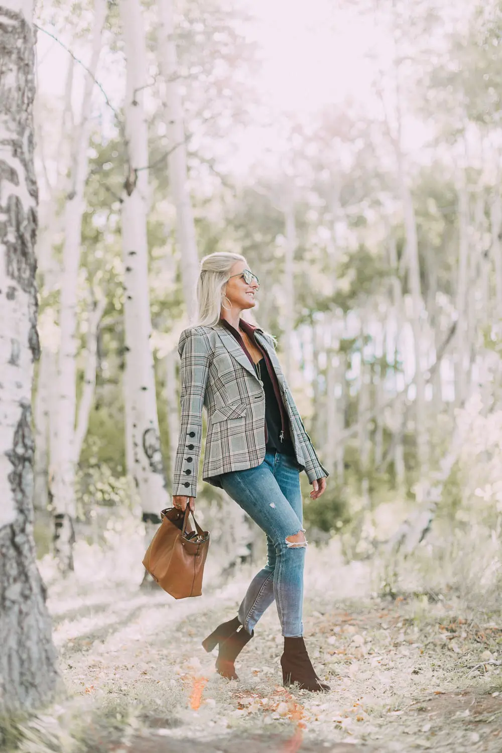 Fall Booties 2018 featuring Vince Camuto black suede side zip booties with a veronica beard plaid blazer and blankNYC jeans on fashion blogger over 40, Erin Busbee of BusbeeStyle.com