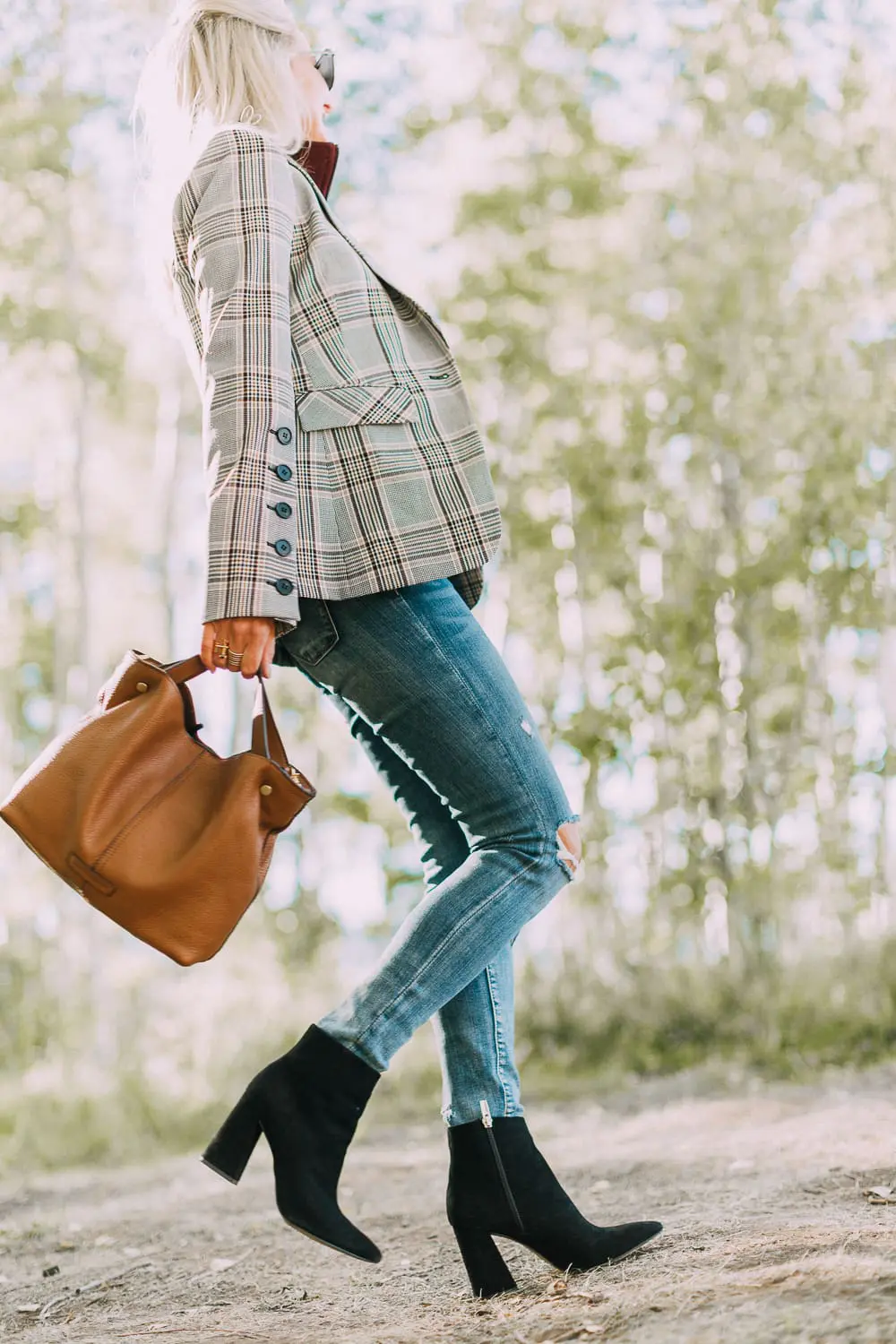 Fall Booties 2018 featuring Vince Camuto black suede side zip booties with a veronica beard plaid blazer and blankNYC jeans on fashion blogger over 40, Erin Busbee of BusbeeStyle.com