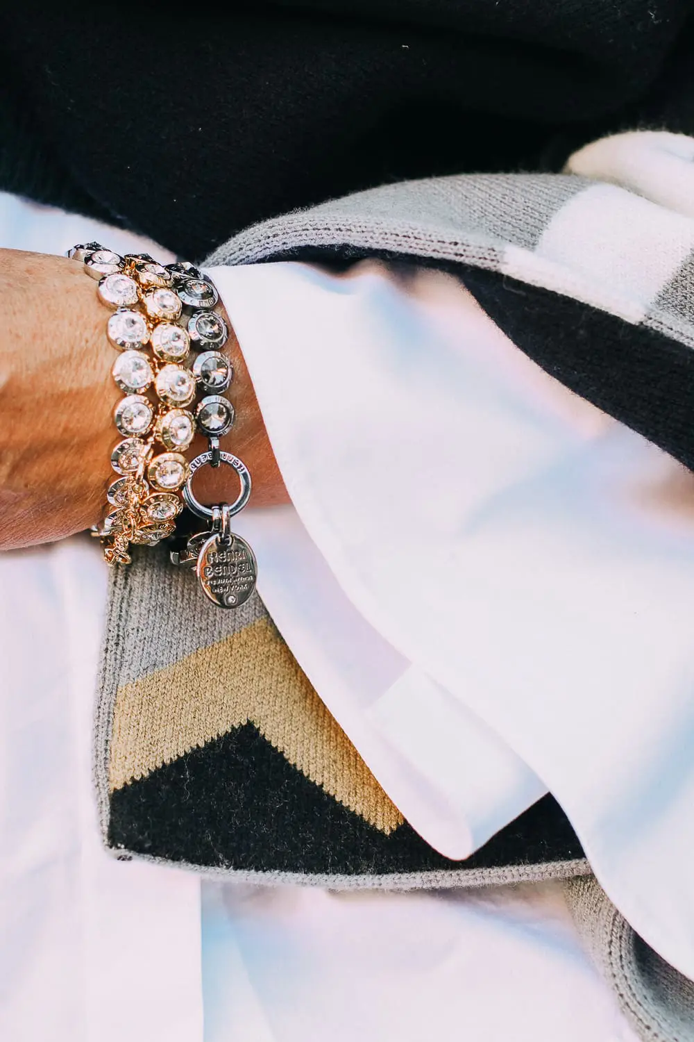 best work tote, quilted in black with chain link handles by Henri Bendel, paired with black jeans, patent leather sock booties, white Lafayette button down shirt and wrap