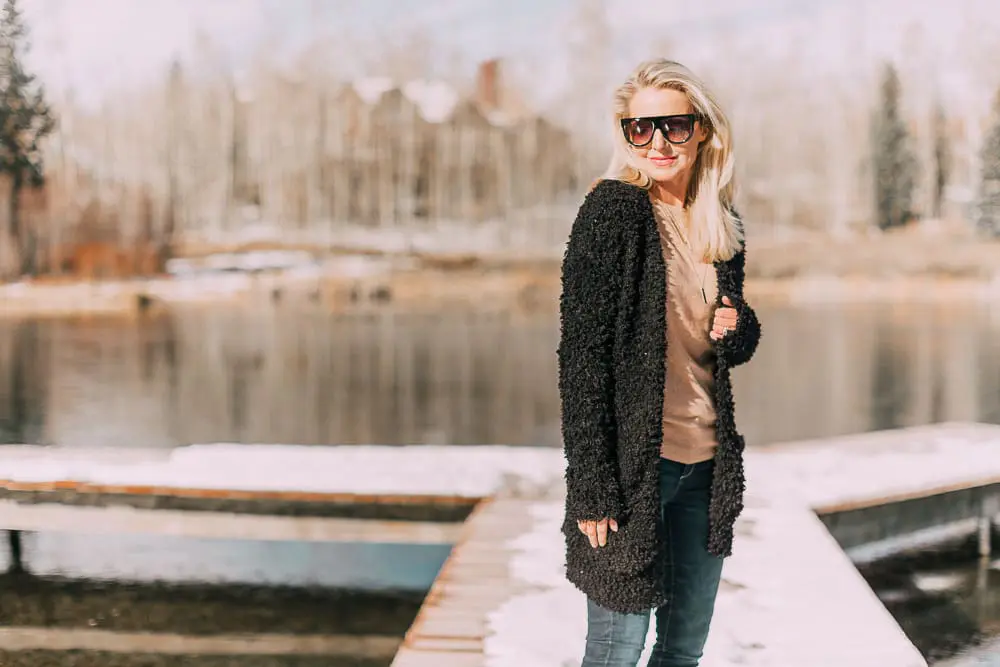 Best sweaters for fall for women 2018 featuring a fuzzy chunky knit black cardigan sweater from JCPenney
