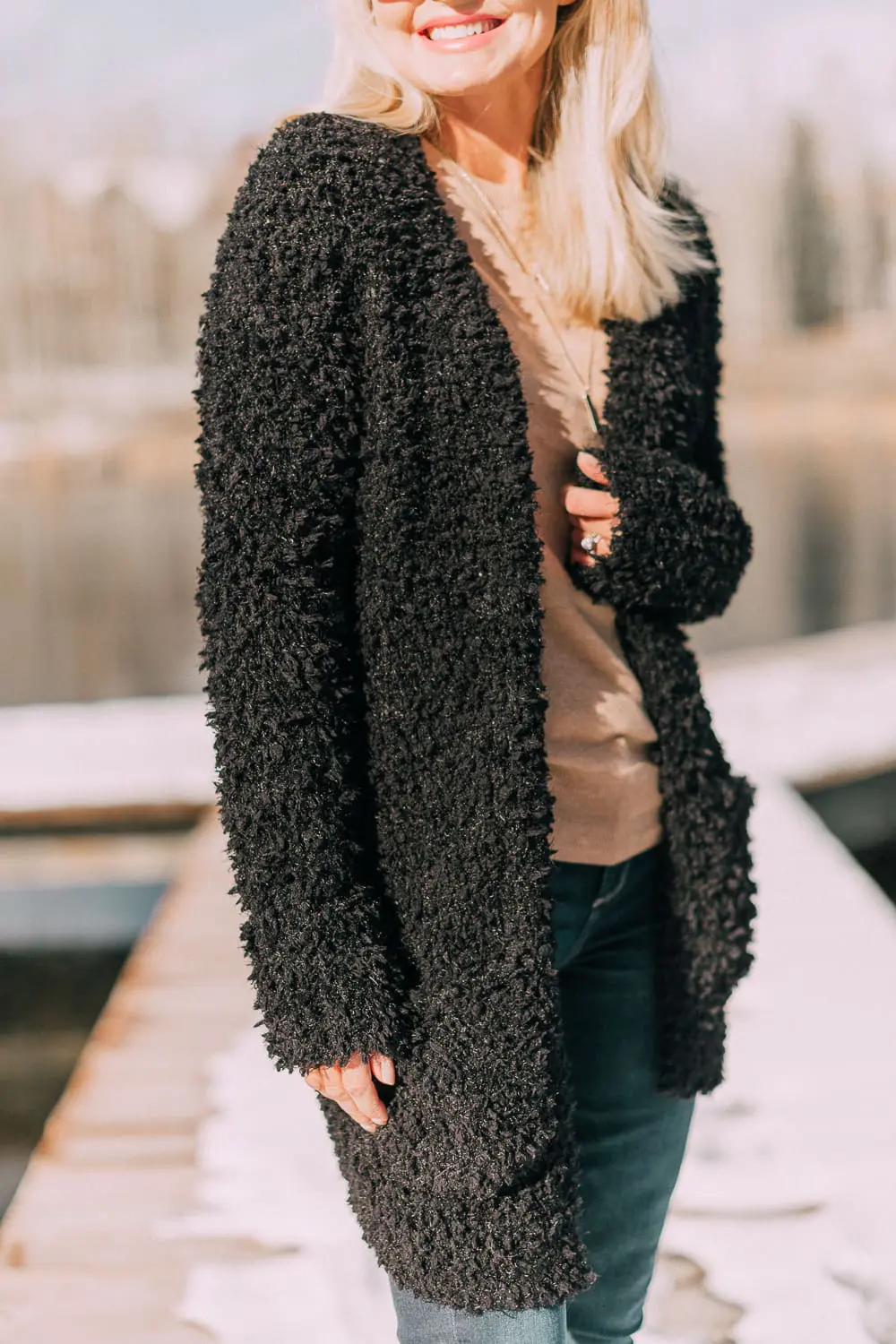 Best sweaters for fall for women 2018 featuring a fuzzy chunky knit black cardigan sweater from JCPenney