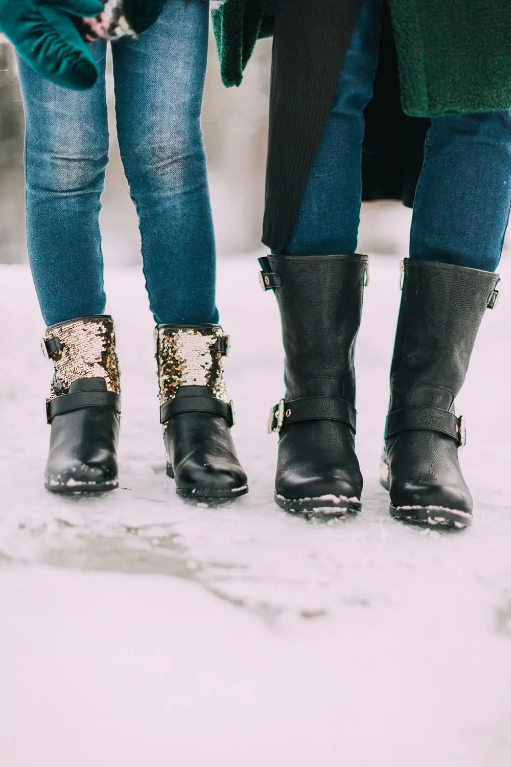 Moto Boots matching mommy and me black and gold moto boots by Vince Camuto on blonde woman and blonde daughter in snow