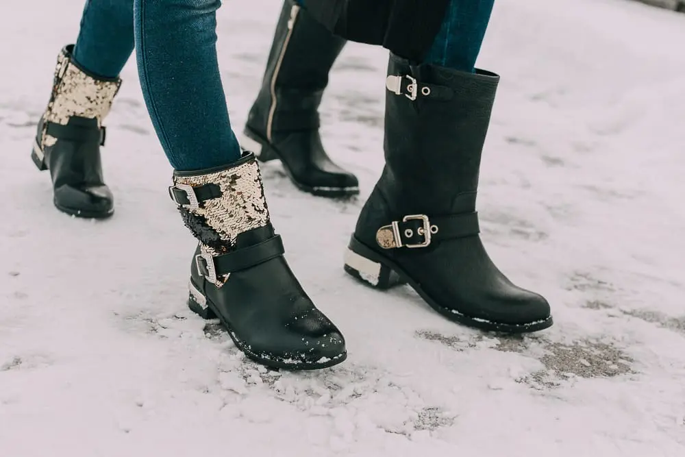 Moto Boots matching mommy and me black and gold moto boots by Vince Camuto on blonde woman and blonde daughter in snow