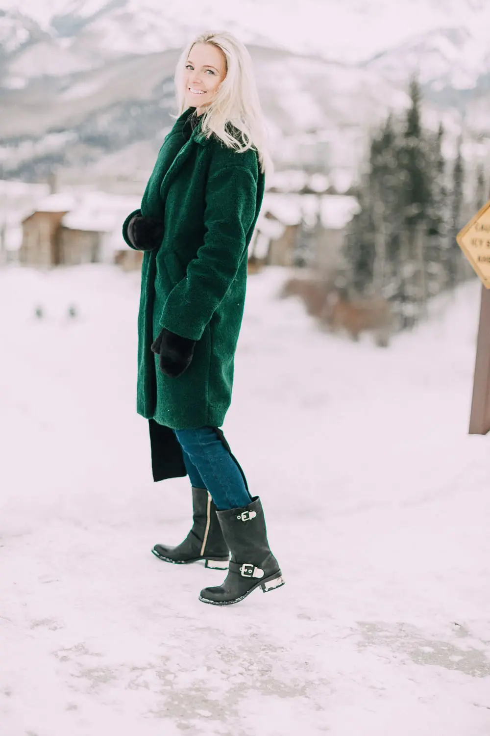 Moto Boots matching mommy and me black and gold moto boots by Vince Camuto on blonde woman in snow