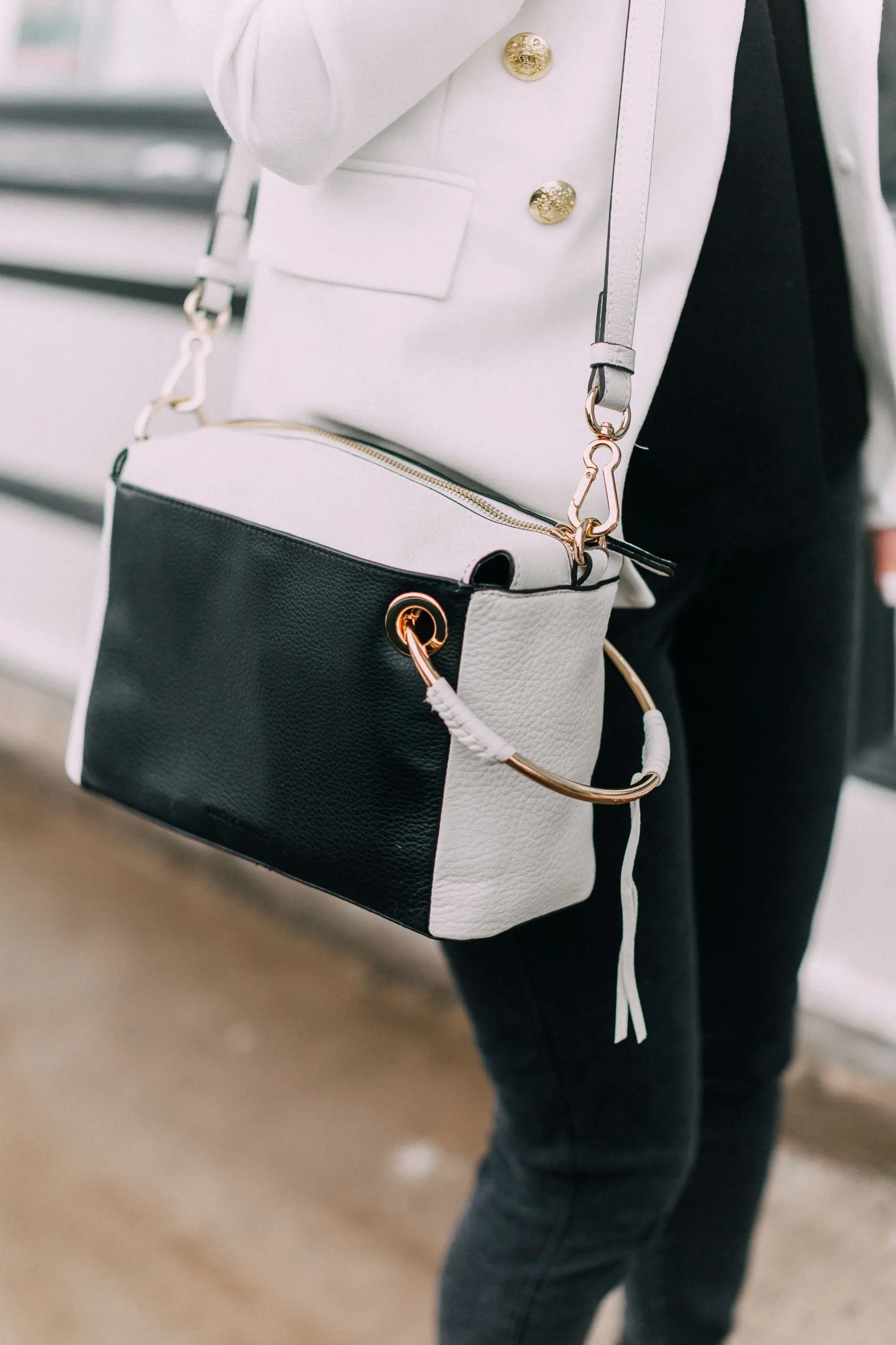 Vince Camuto Margi Shoulder Bag with black jeans and white blazer