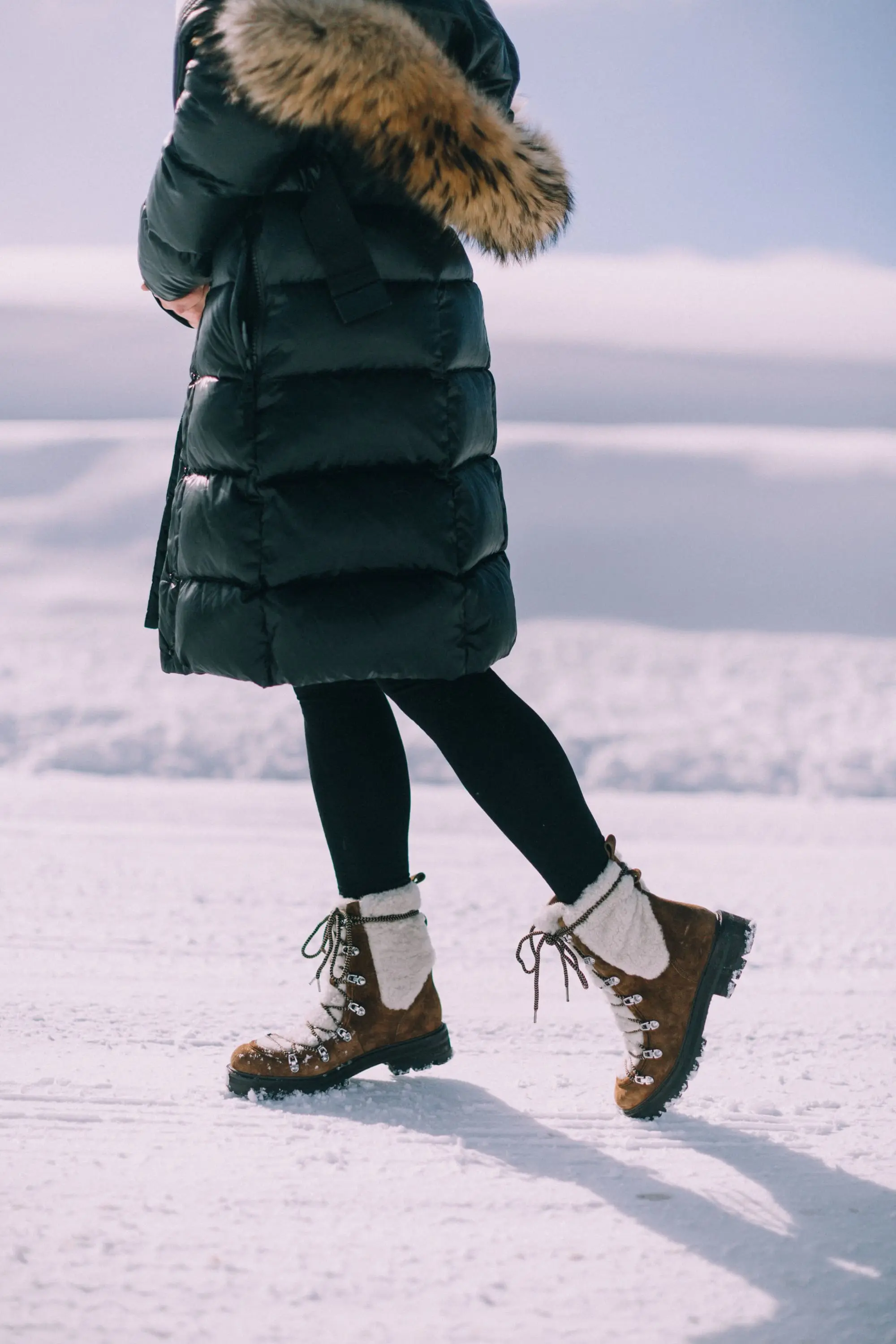 How to wear Spanx leggings over 40 outfit with Sigerson Morrison isla fur boots SAM puffer coat in snow