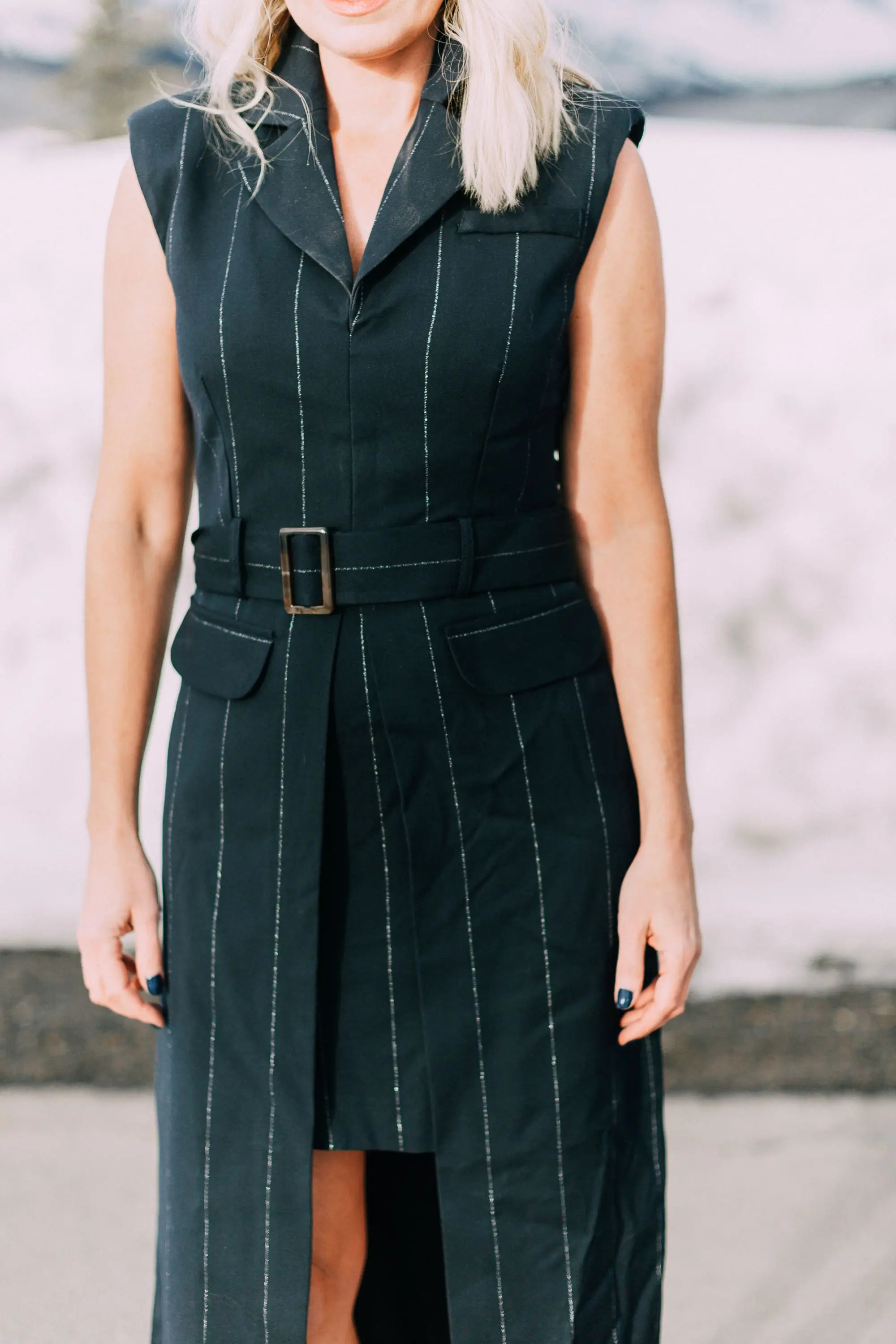 Spring Office Dress, fashion blogger Erin Busbee of BusbeeStyle.com wearing a navy pinstripe dress from Asos with black Jimmy Choo pumps in Telluride, Colorado, talking about dresses for the office
