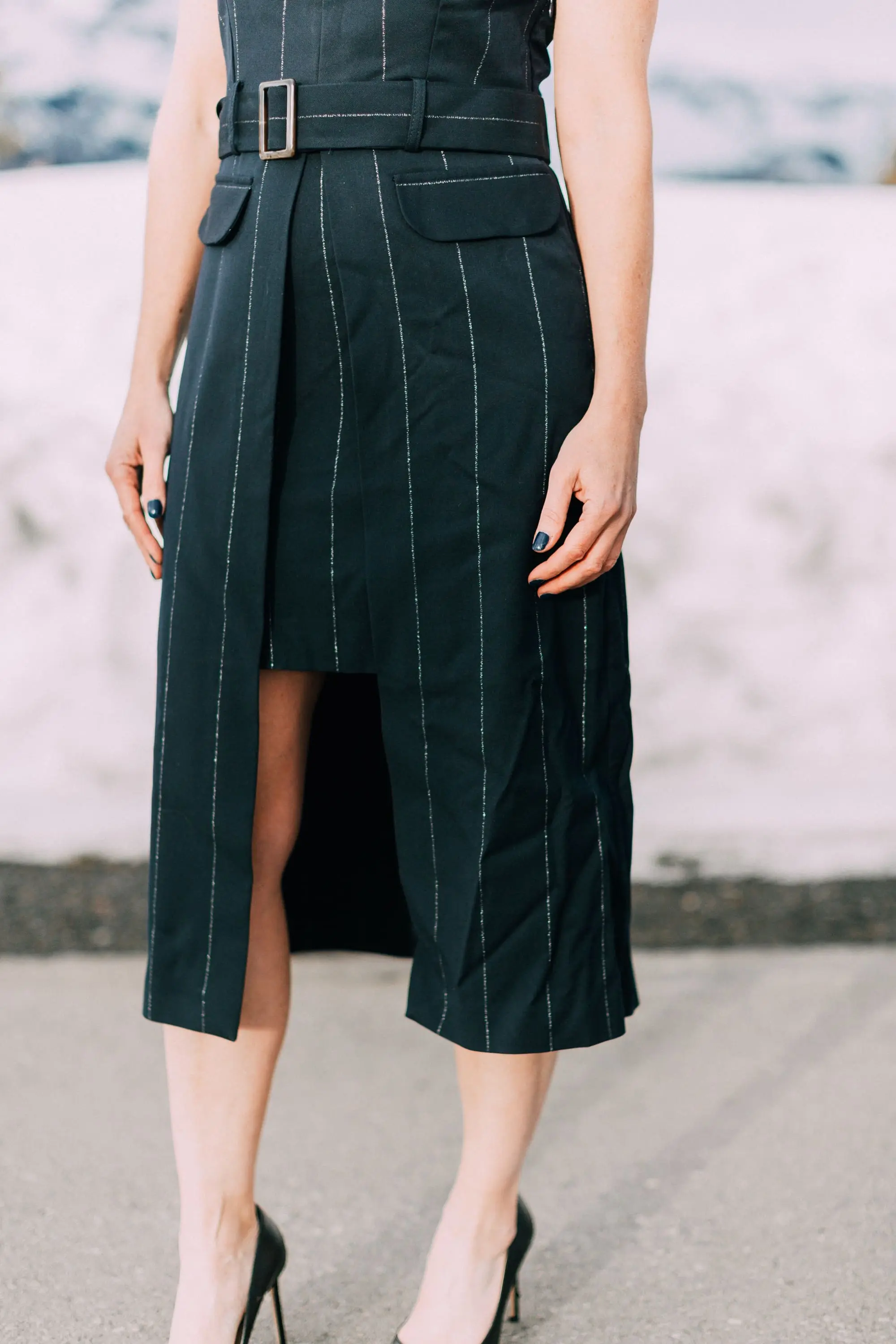 Spring Office Dress, fashion blogger Erin Busbee of BusbeeStyle.com wearing a navy pinstripe dress from Asos with black Jimmy Choo pumps in Telluride, Colorado, talking about dresses for the office
