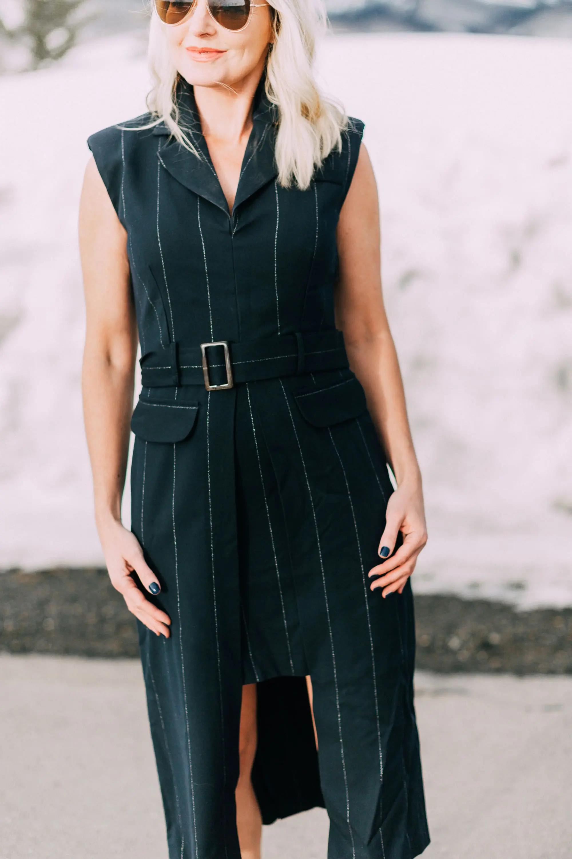 Spring Office Dress, fashion blogger Erin Busbee of BusbeeStyle.com wearing a navy pinstripe dress from Asos with black Jimmy Choo pumps in Telluride, Colorado, talking about dresses for the office