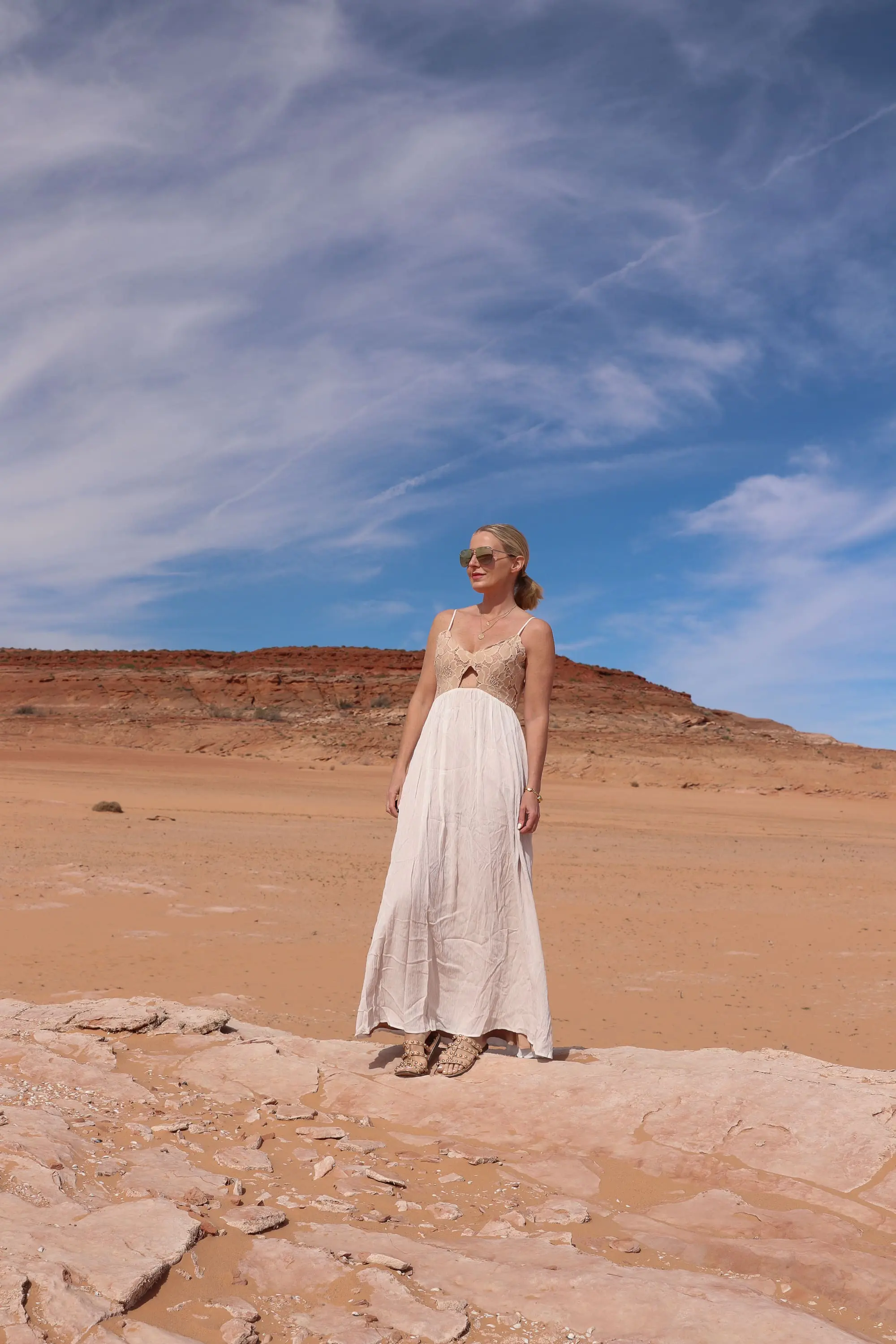 Maxi Dresses, Fashion blogger Erin Busbee of BusbeeStyle.com wearing a lace and cotton maxi dress by Tularosa with Sam Edelman sandals at Lake Powell