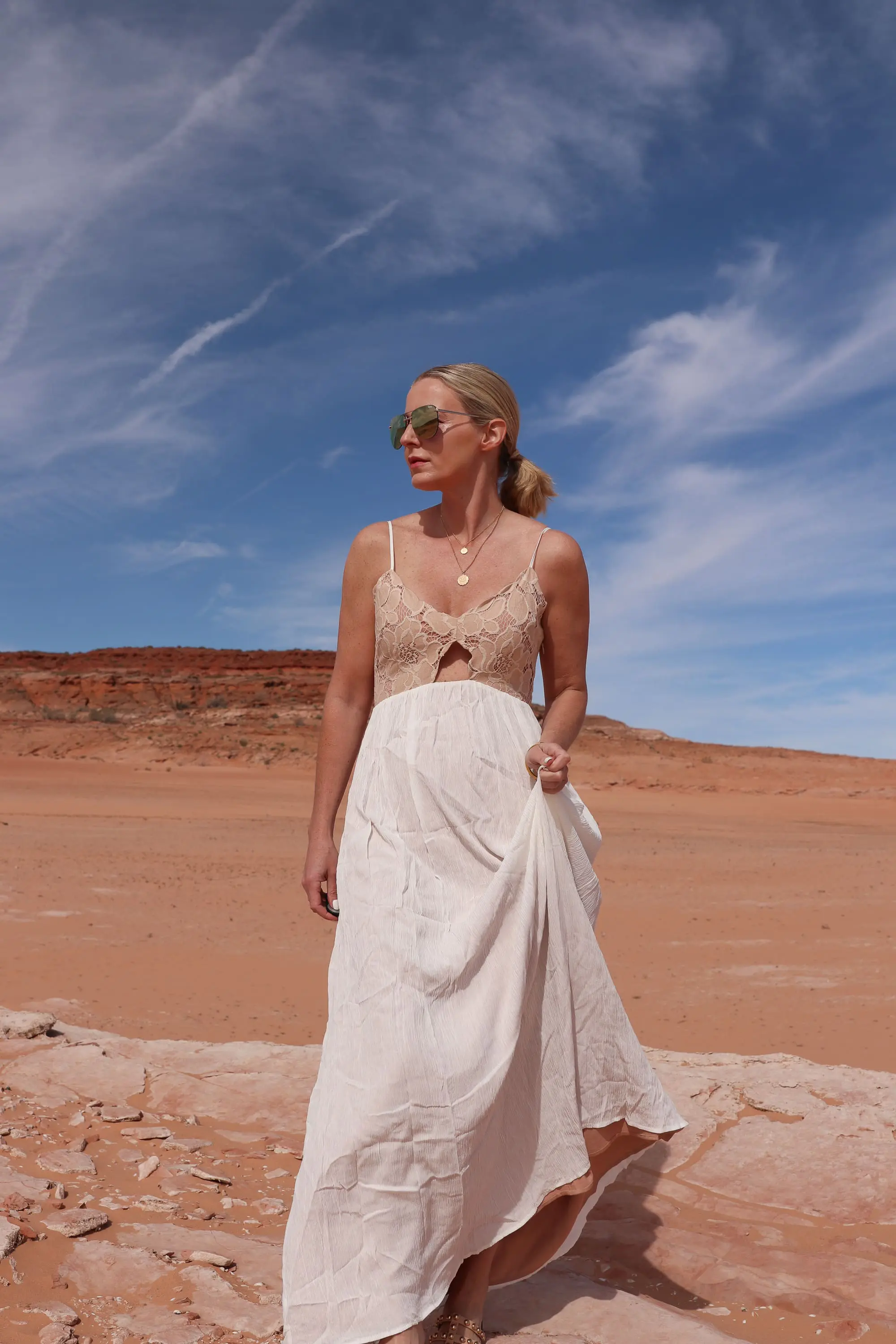 Maxi Dresses fashion blogger wearing tularosa lace cotton maxi dress with Sam Edelman sandals at Lake Powell