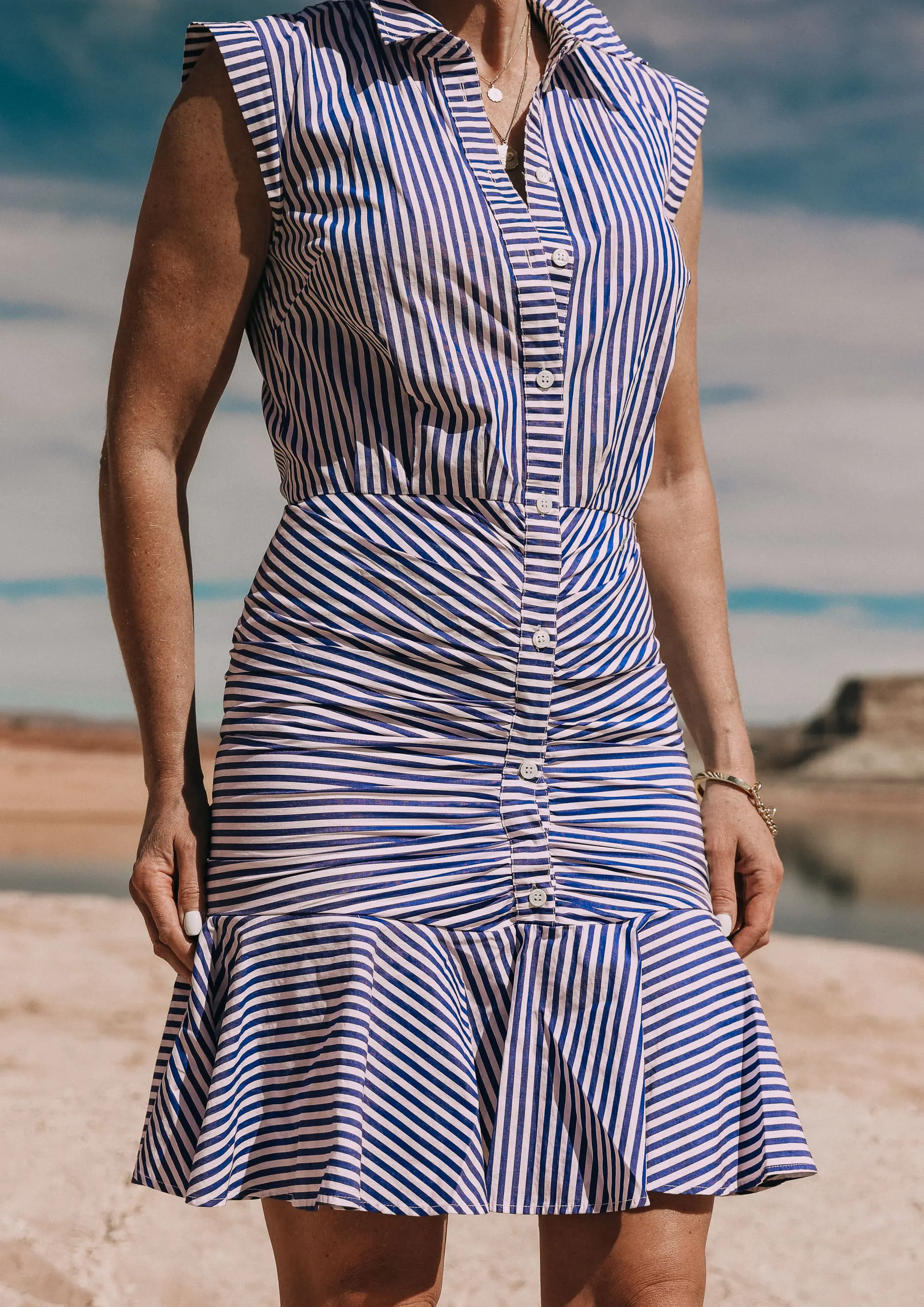 striped Veronica Beard bell button down ruched dress