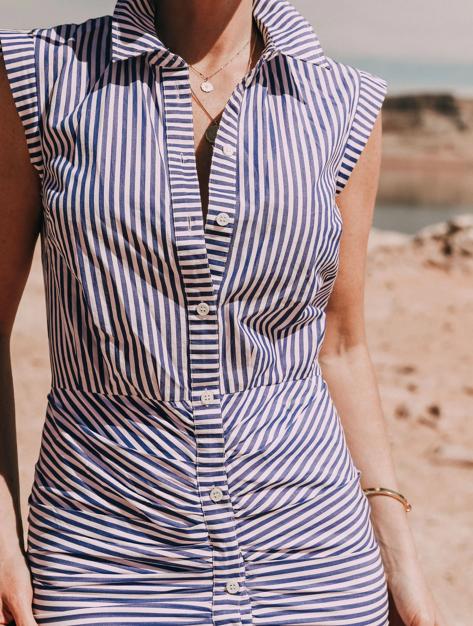 striped veronica beard bell button down ruched dress with blue and white stripes