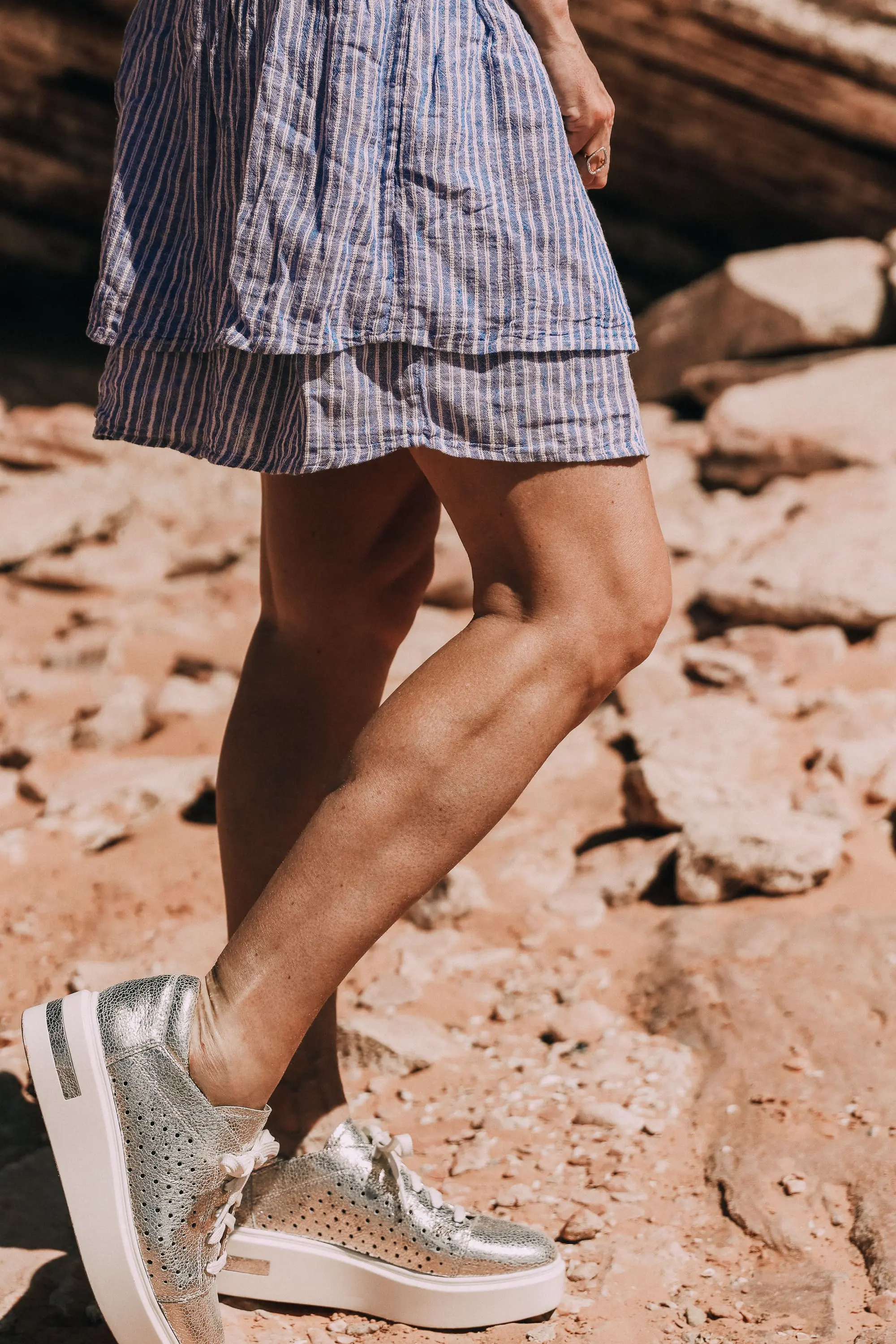 RAILS jasmine striped blue and white dress worn with linea paolo metallic silver kendra platform sneaker in lake powell by fashion blogger busbee style
