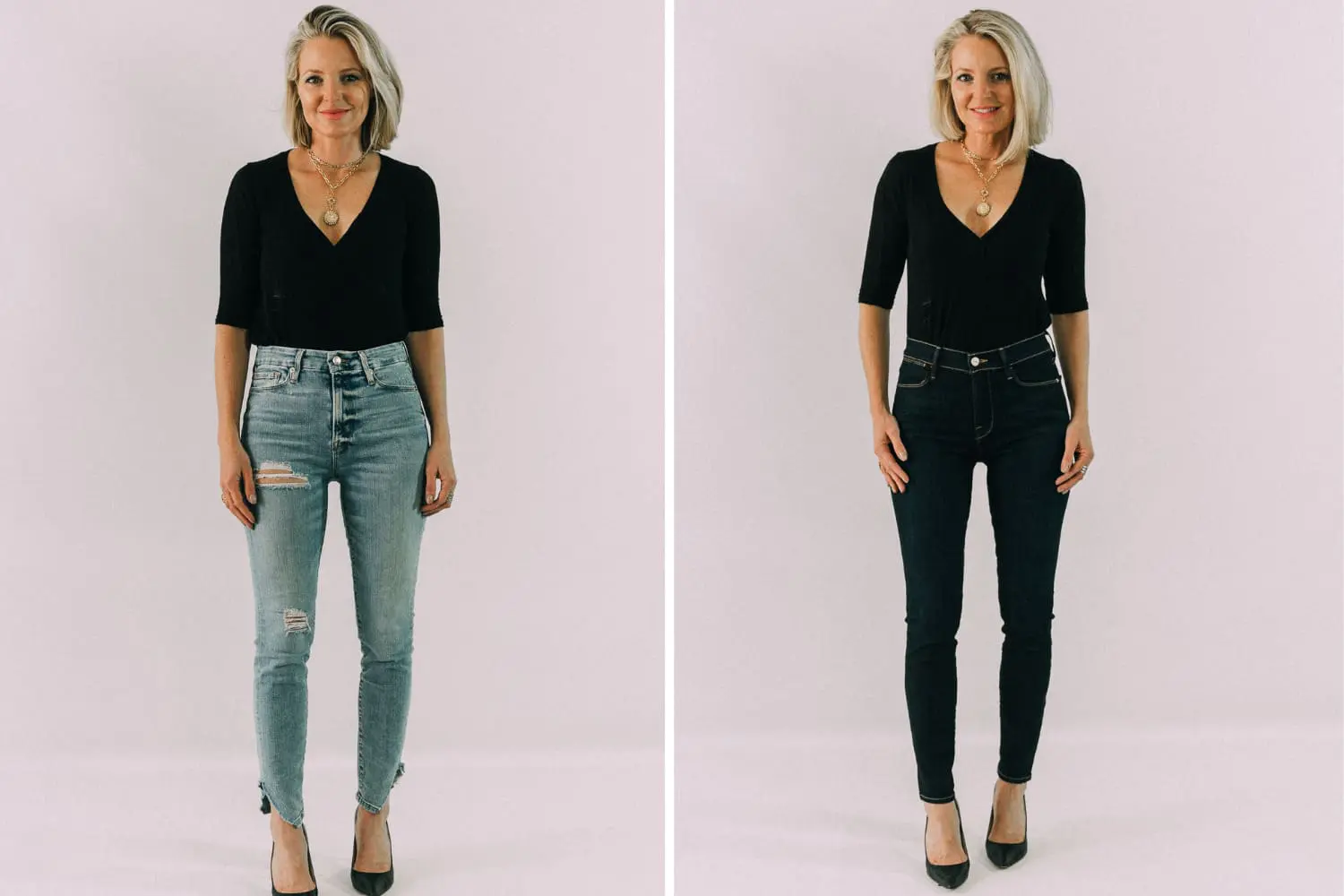 look slimmer with these tips including wearing dark wash skinny jeans versus lighter skinny jeans on fashion over 40 blogger Erin Busbee