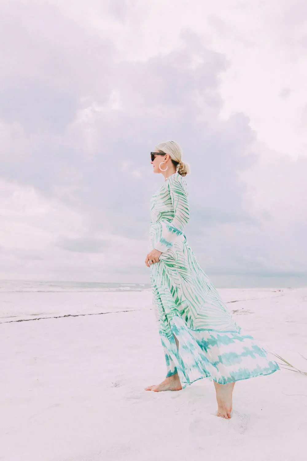 Duster Cover Up, Fashion blogger Erin Busbee of BusbeeStyle.com wearing a We Are Leone palm print duster with a white pom pom swimsuit from Amazon on the beach in Florida